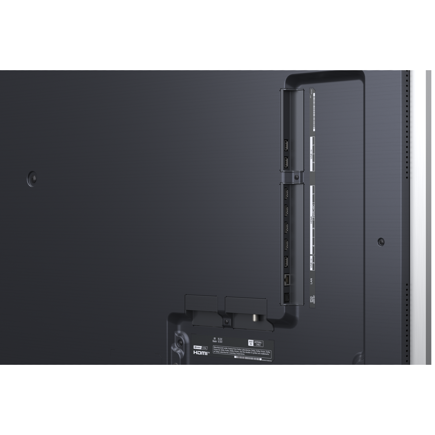 Back panel of a TV showing ports: HDMI, USB, LAN, and antenna input.