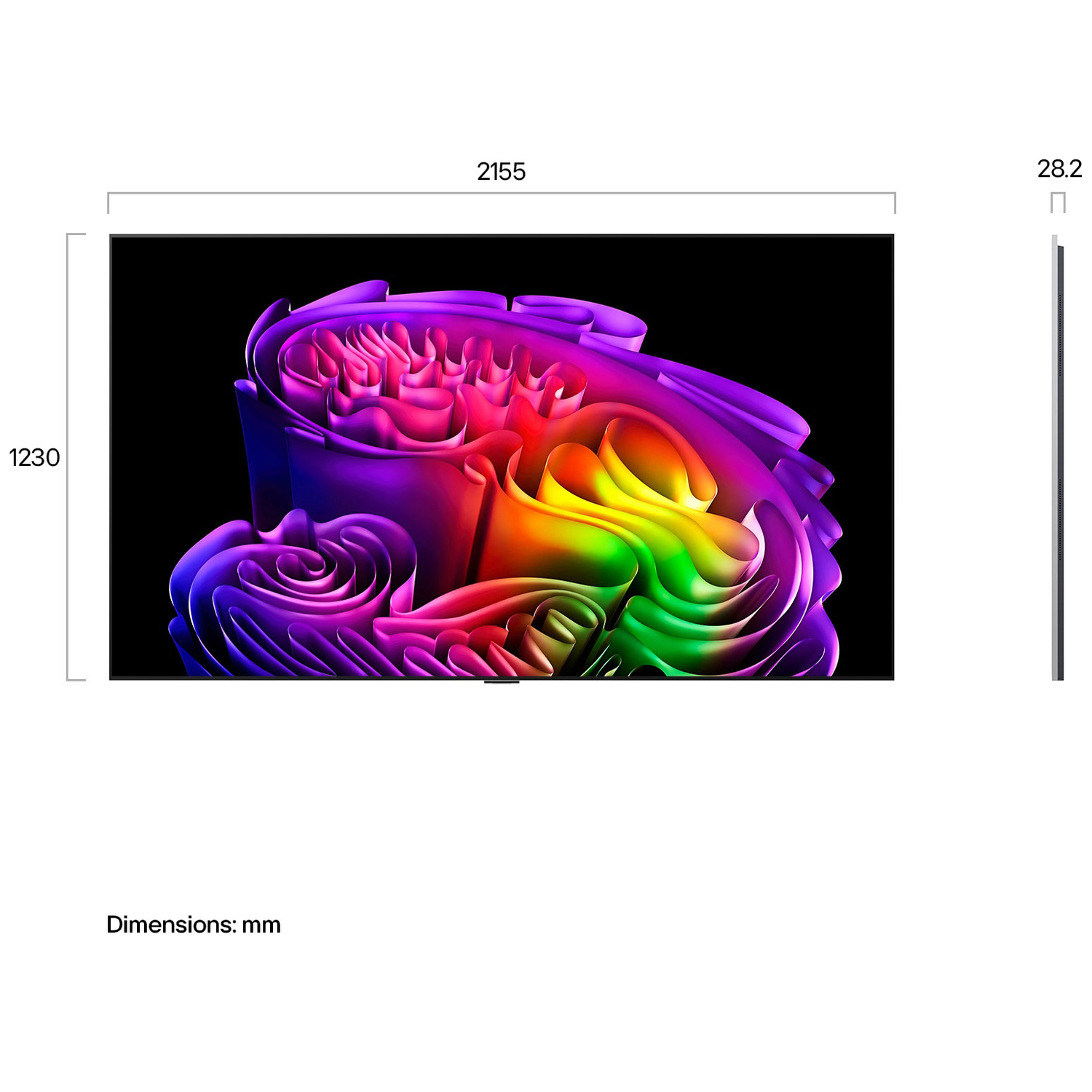 A dynamic, abstract artwork with flowing shapes in rainbow colors on a black background.