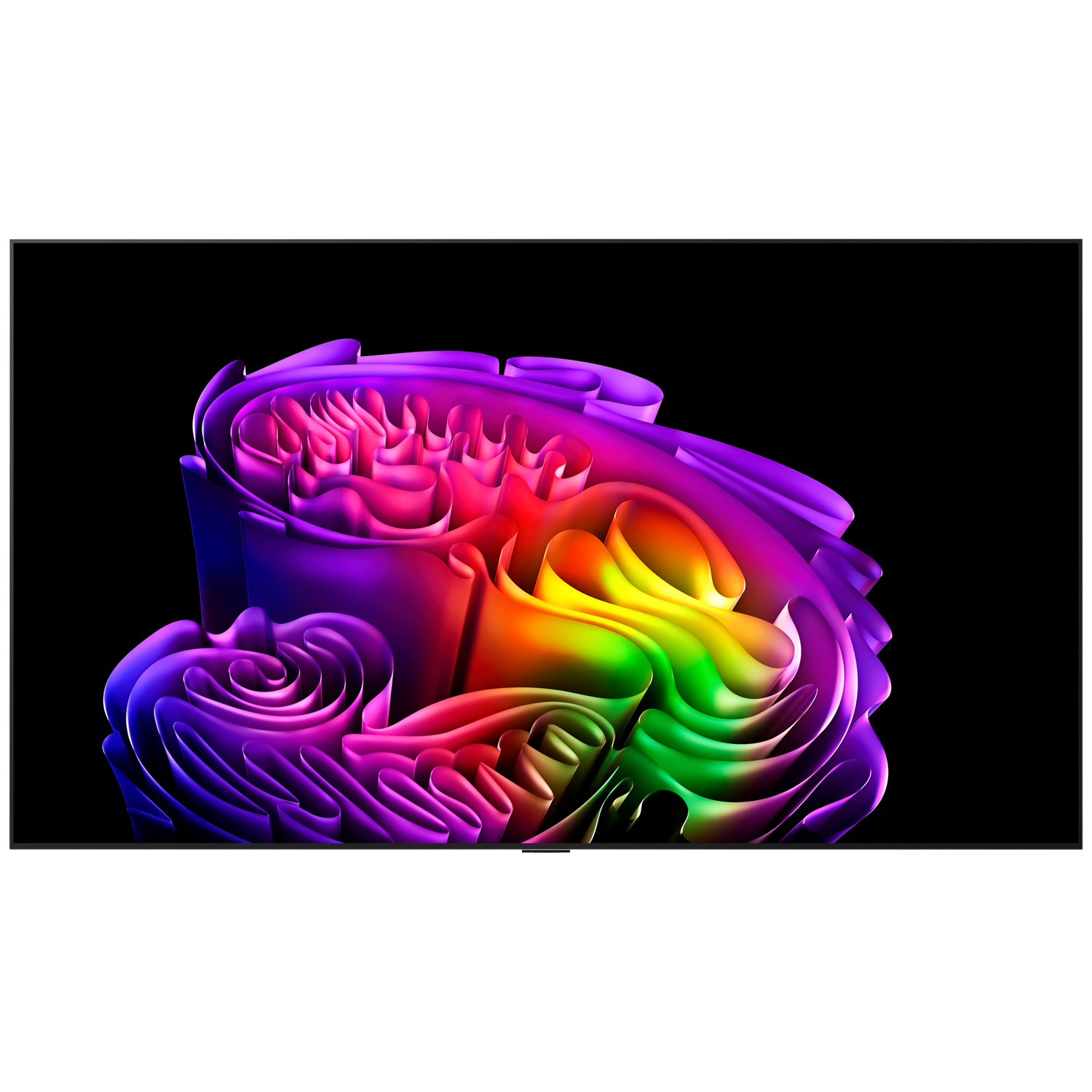 Abstract sculpture in rainbow colors against a black background.