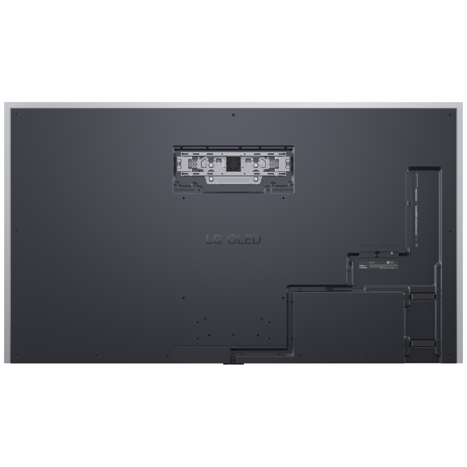 Back of LG OLED TV. Shows ports, mount bracket, and logo. Dark gray panel.