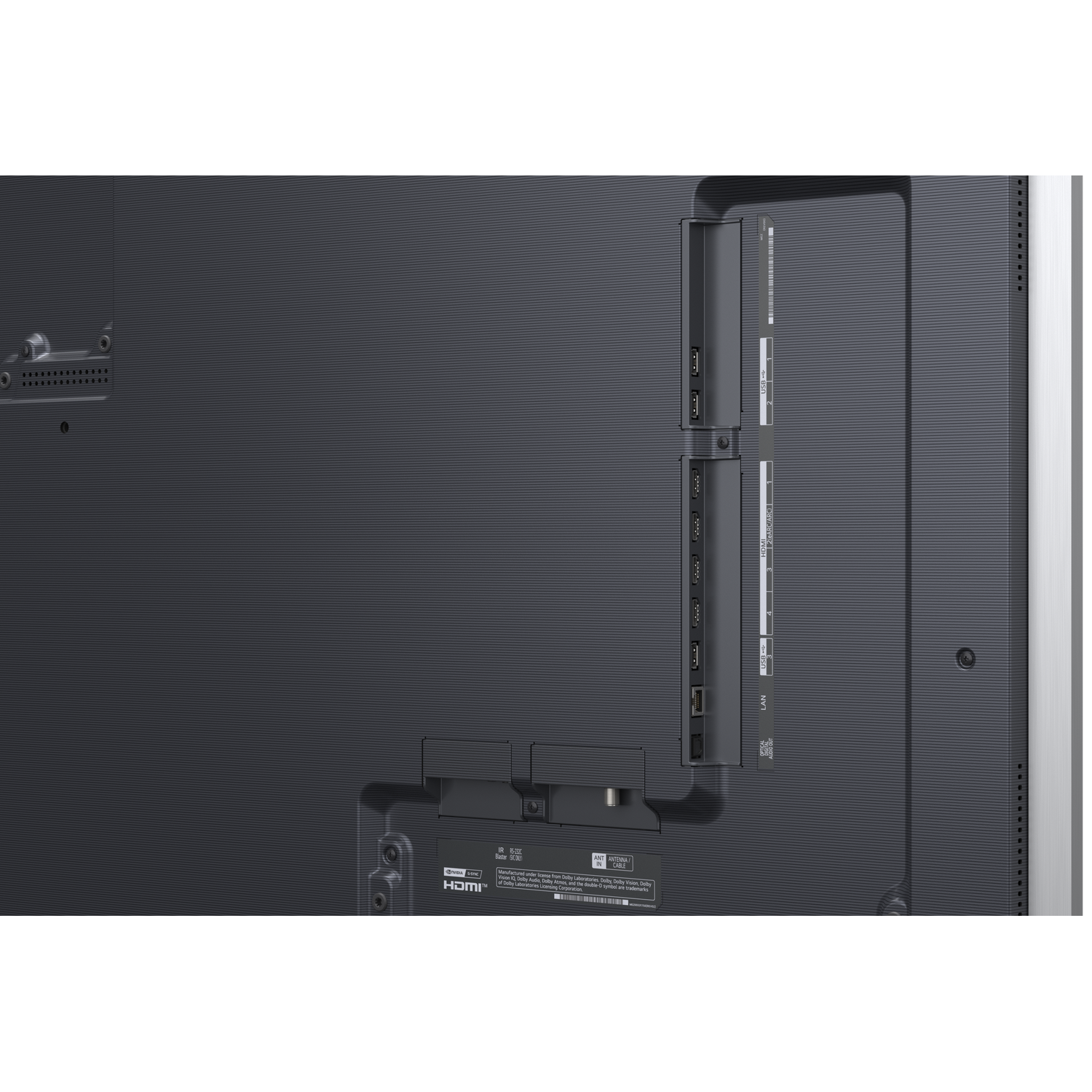 Back of TV showing ports: HDMI, USB, LAN, and Antenna connections.