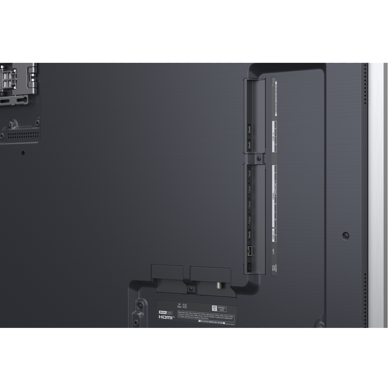 Back of a TV showing ports: HDMI, USB, LAN, and audio out.