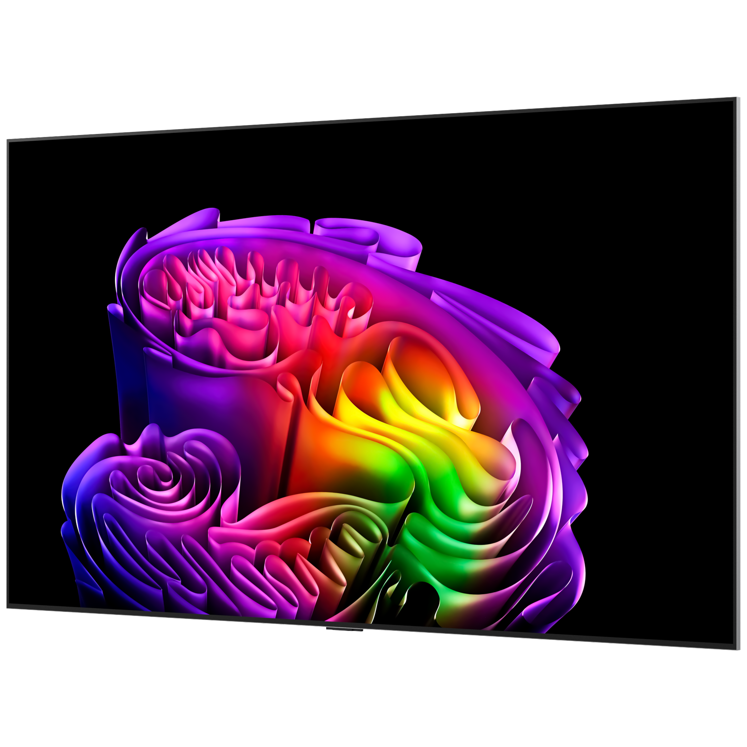 Abstract, colorful sculpture with flowing shapes on a black background.