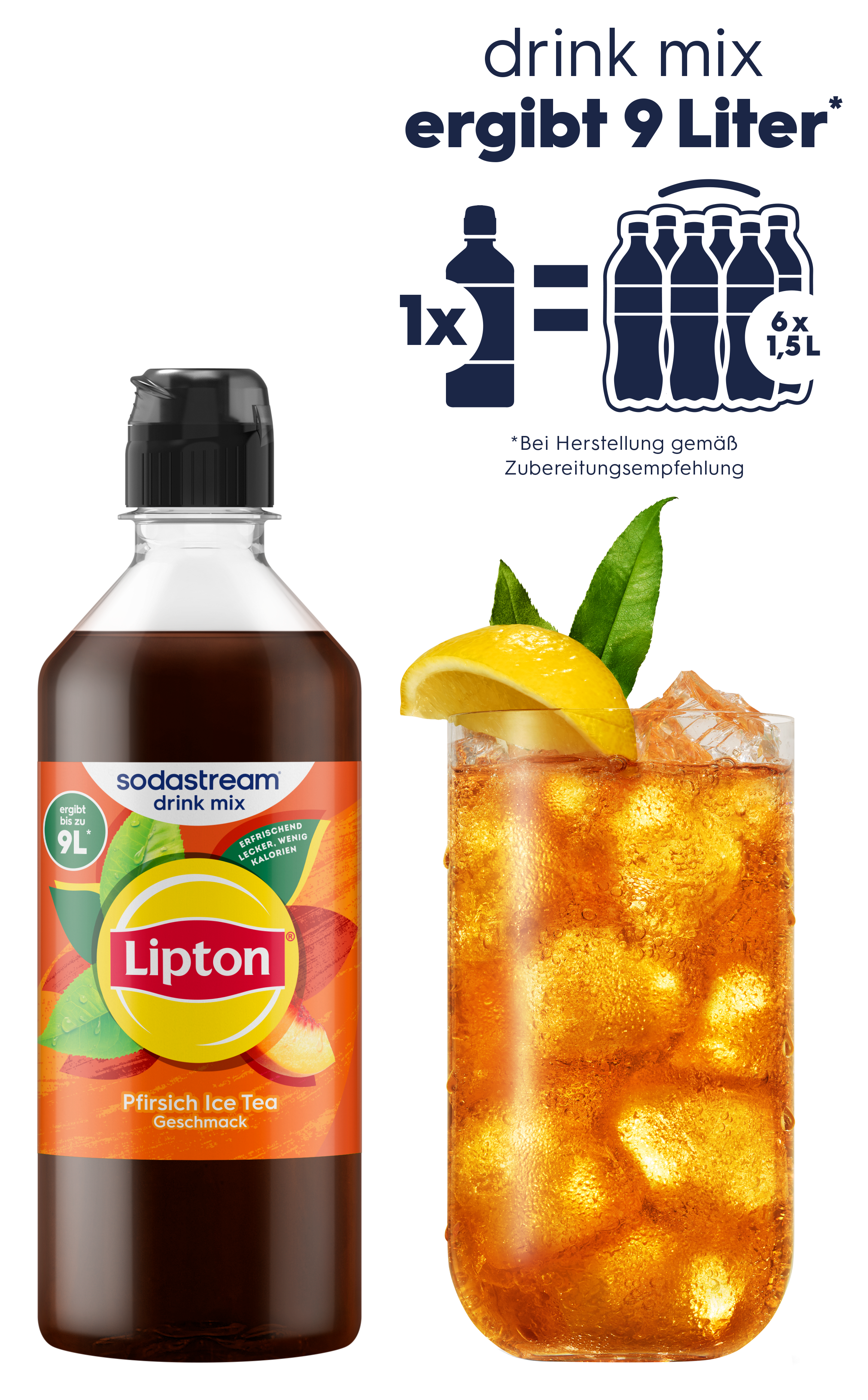 Lipton Pfirsich Eistee Sirup neben einem Glas Eistee mit Zitrone und Eiswürfeln.