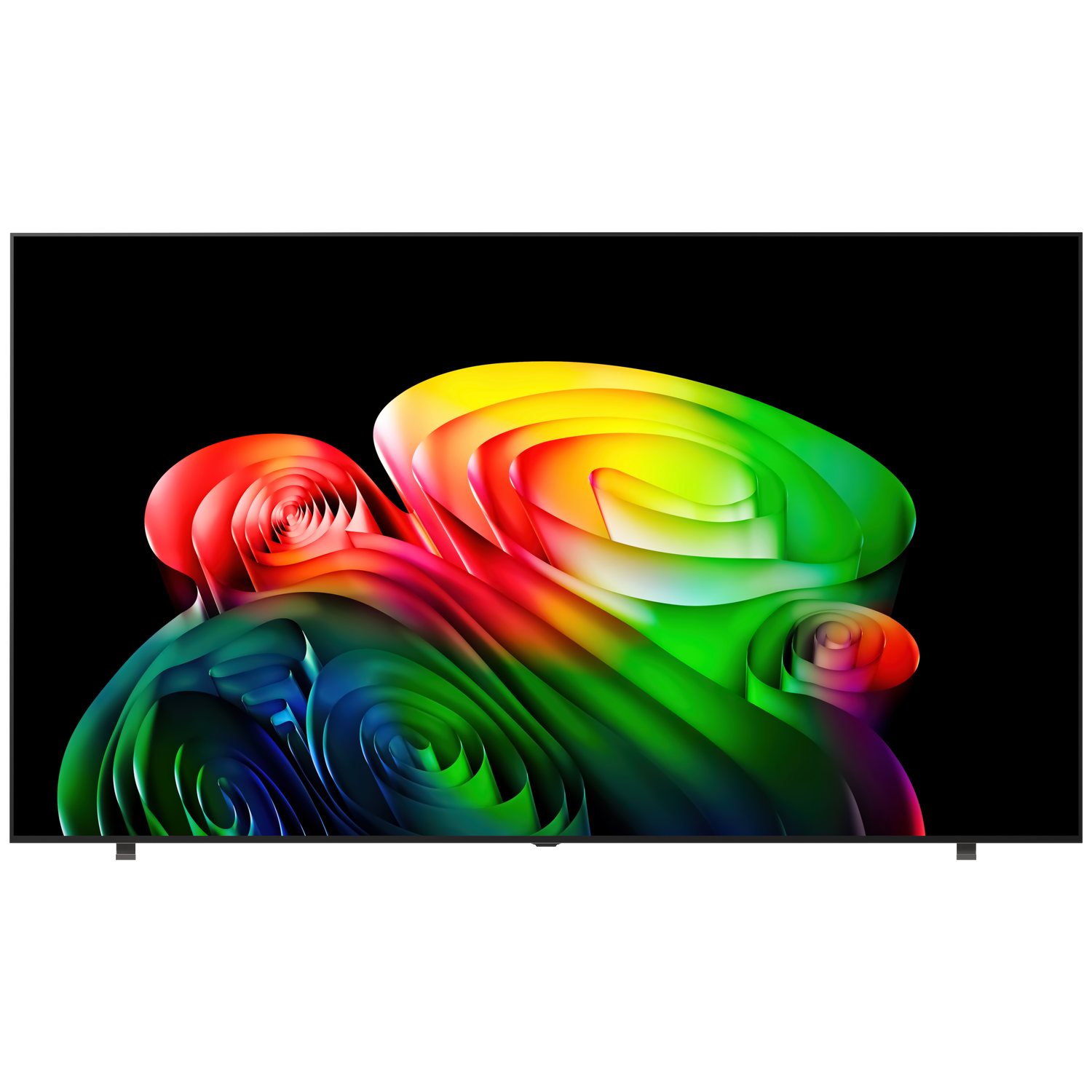 Een moderne televisie toont een abstract, wervelend regenboogkleurig ontwerp op een zwarte achtergrond.