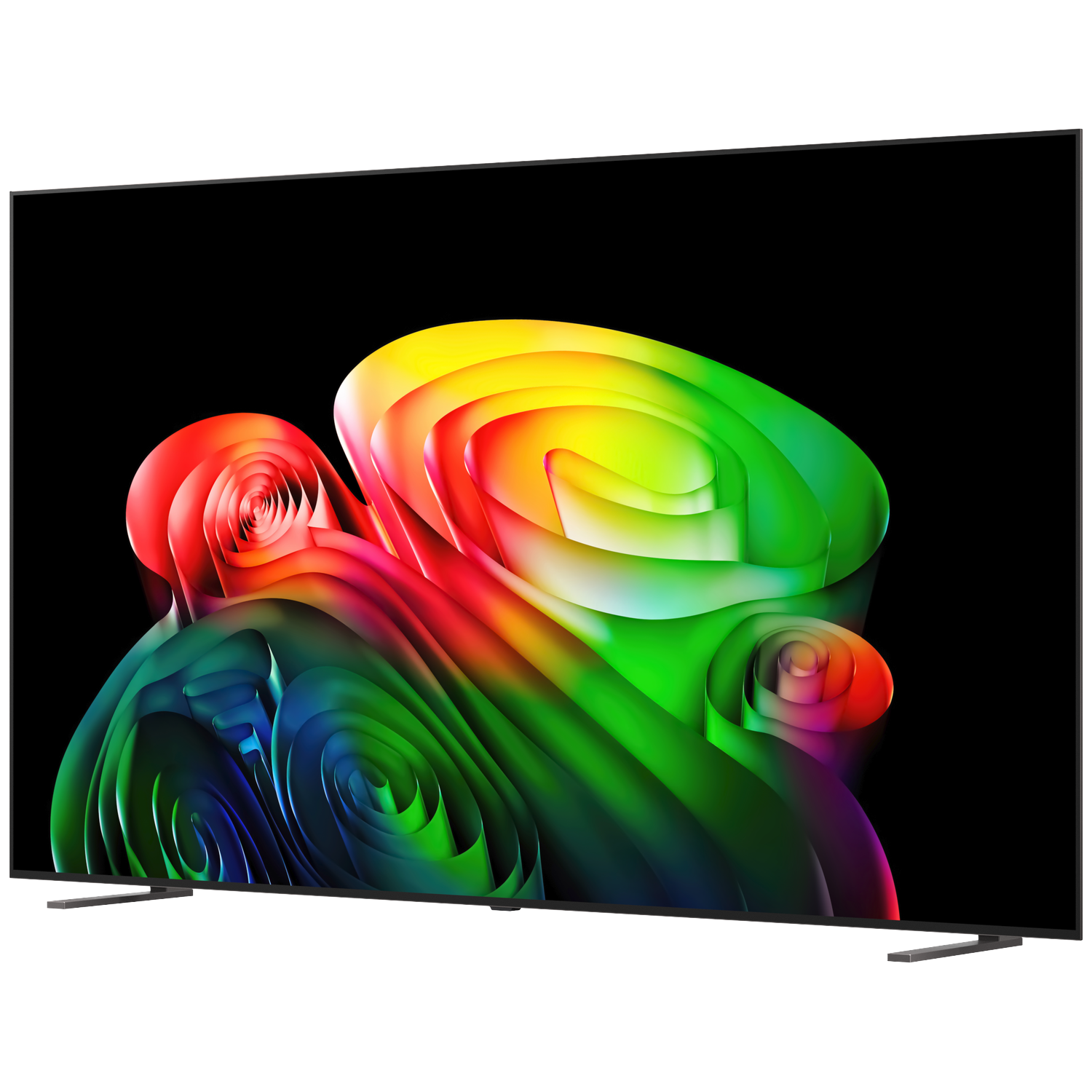 Een moderne flatscreen-tv toont een abstracte, kleurrijke afbeelding met verlopen.