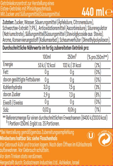 Nährwerttabelle für ein Pfirsich-Eistee-Getränkekonzentrat mit 440 ml Inhalt.