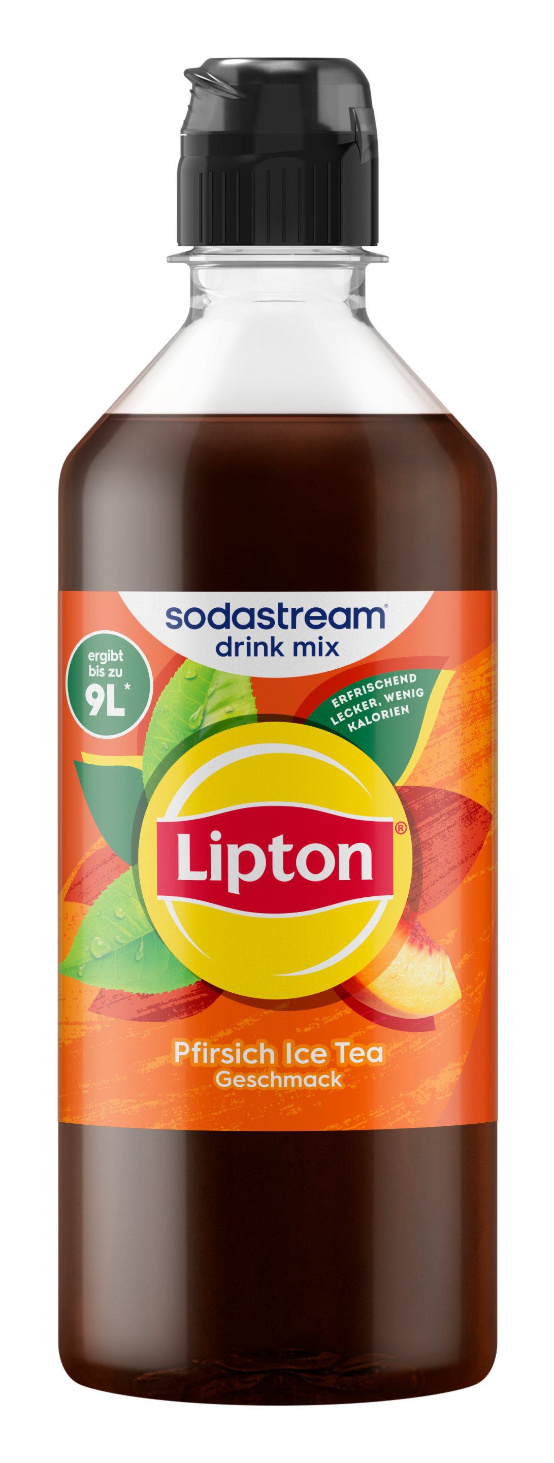 Eine Sodastream Flasche mit Lipton Pfirsich Eistee Sirup, ergibt 9L.