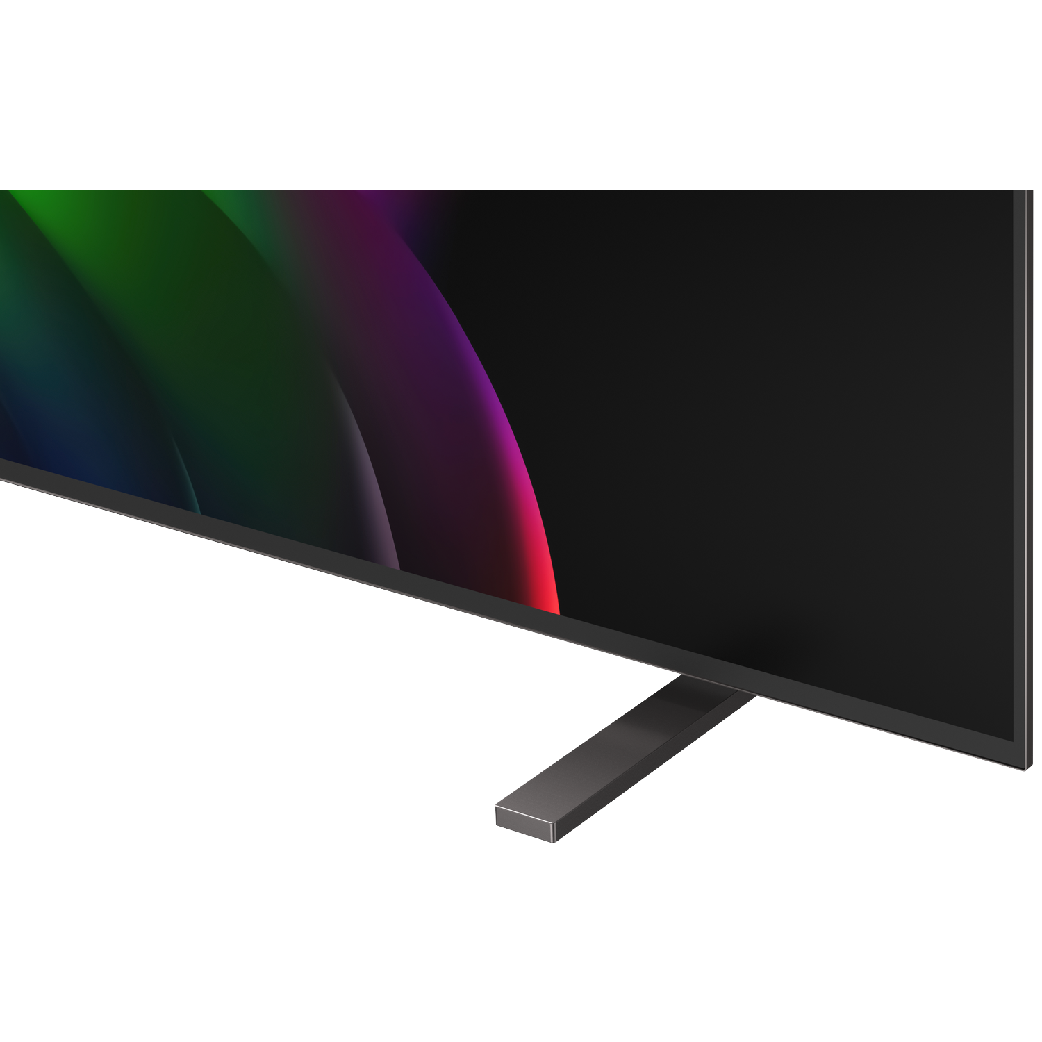 Een moderne televisie met een donkere standaard en abstracte achtergrond.