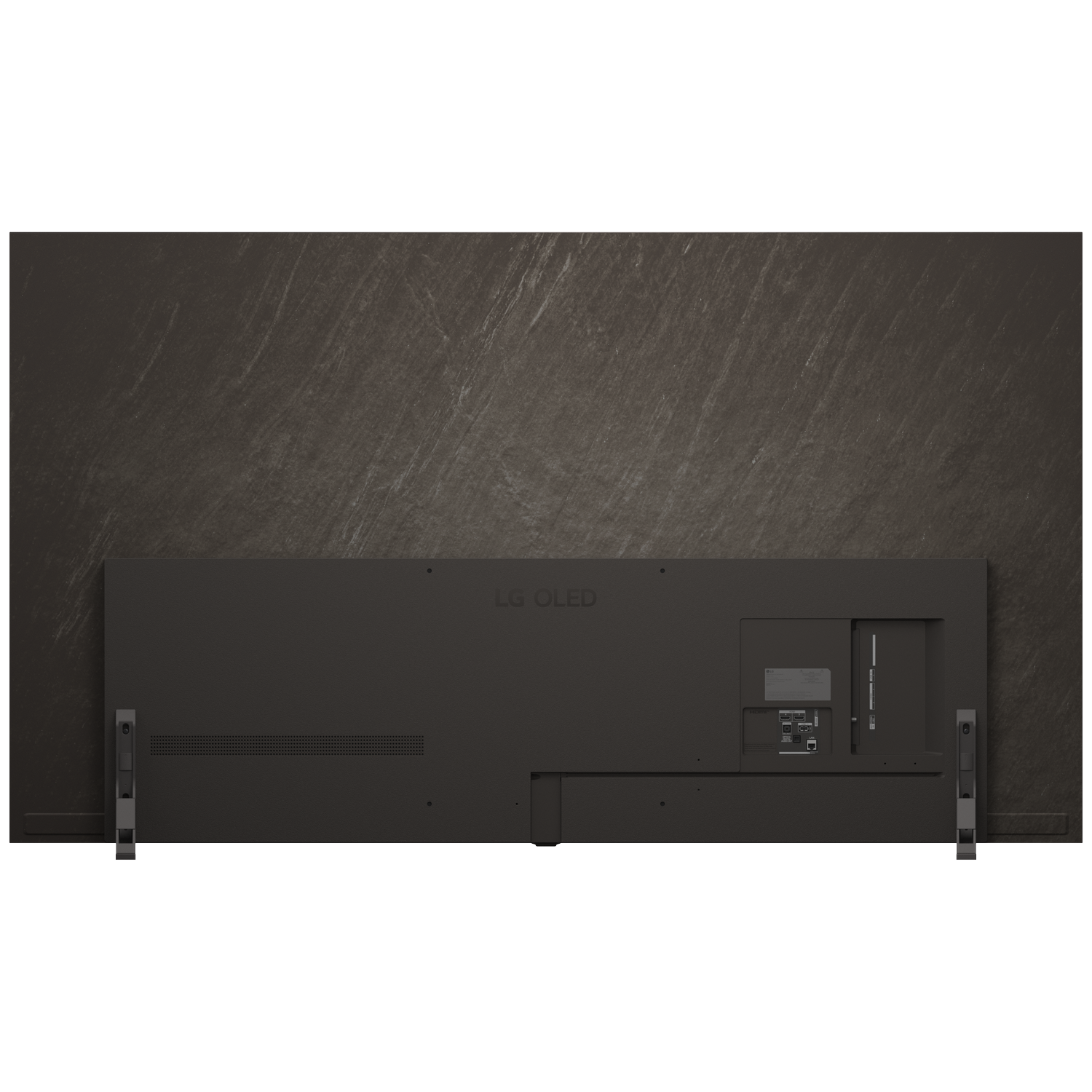 Achterkant van een zwarte LG OLED TV met poorten en ventilatieopeningen.