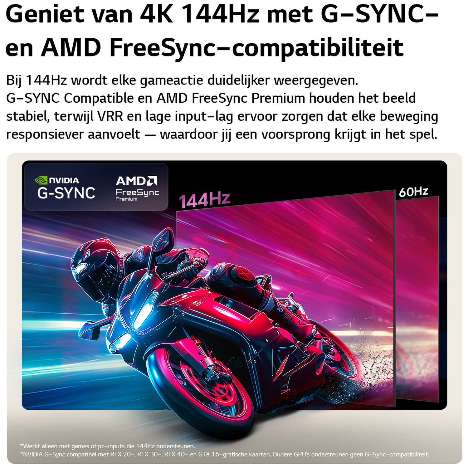Een motorcoureur racet op een 144Hz-scherm met G-SYNC en FreeSync.
