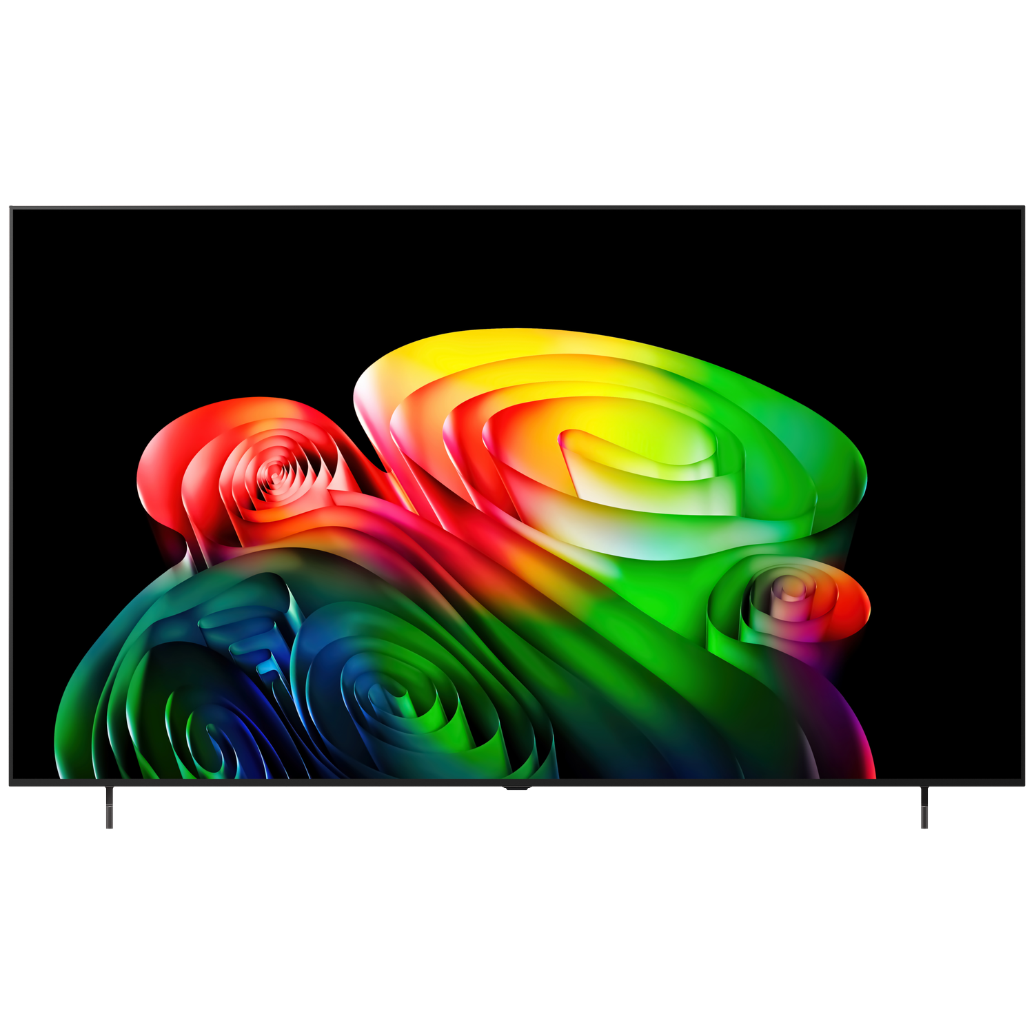 Een moderne televisie met een levendige, abstracte afbeelding met wervelende kleuren.