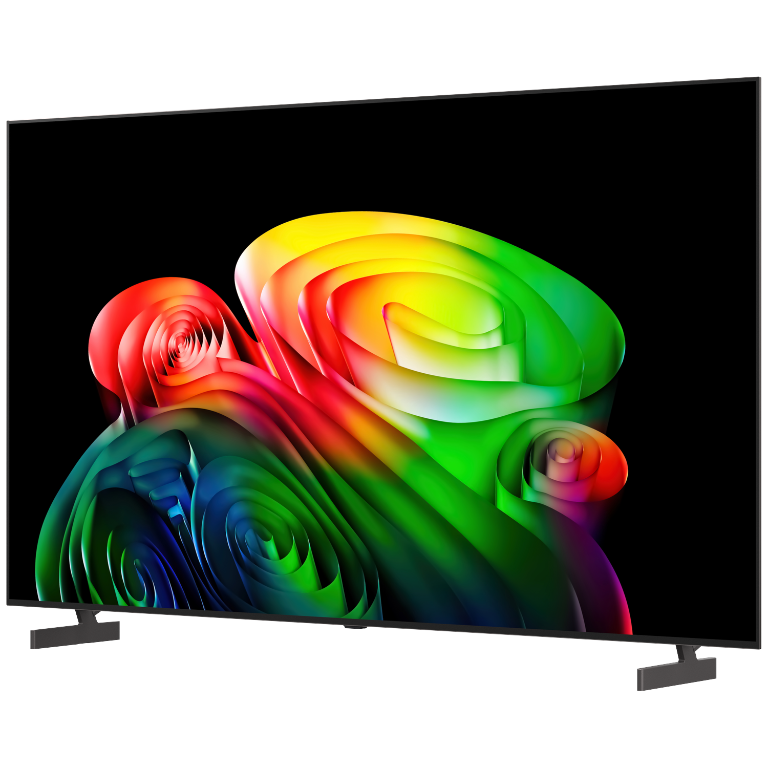 Een moderne tv toont een kleurrijk abstract golfpatroon tegen een zwarte achtergrond.