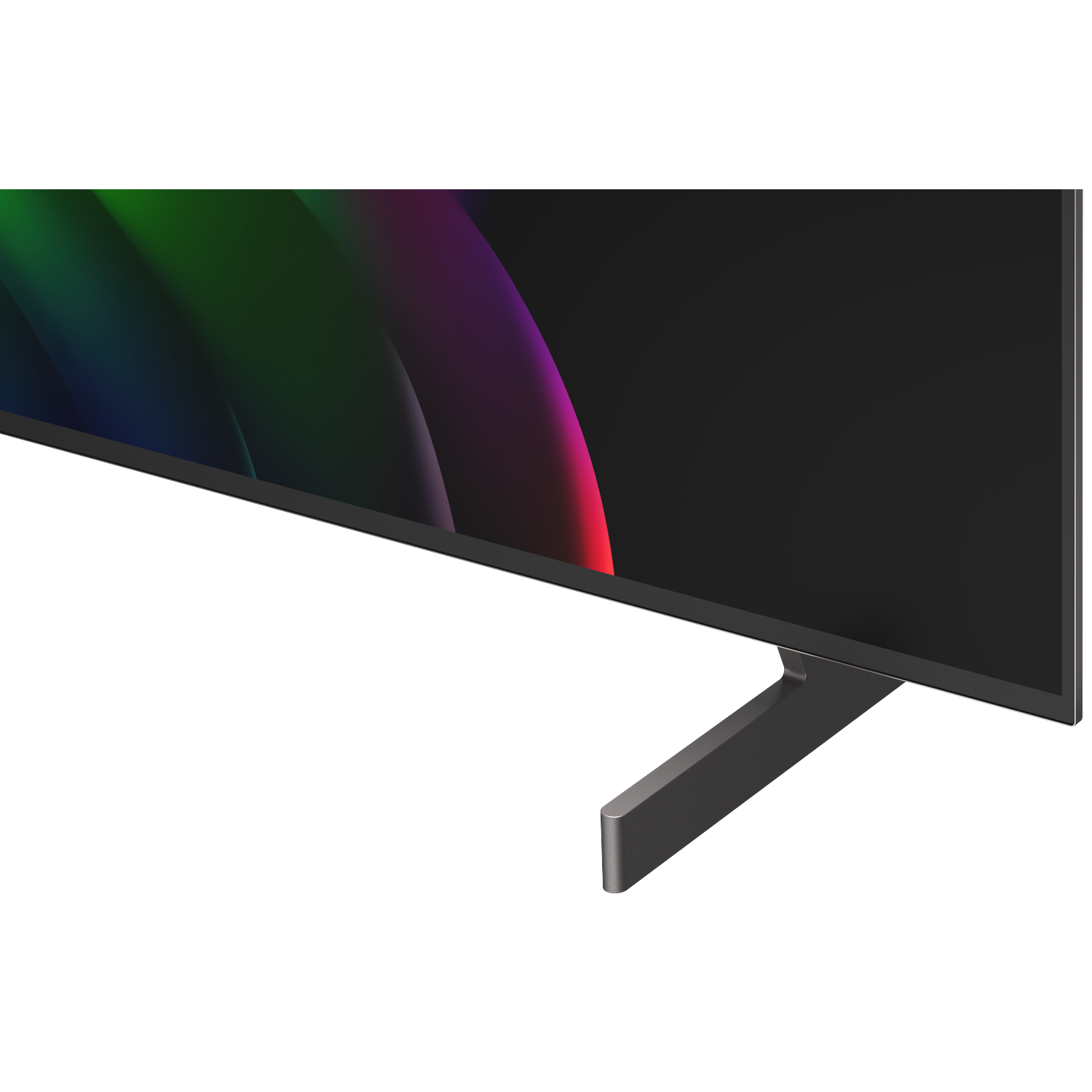 Een moderne televisie met een strakke standaard en een kleurrijke achtergrond.