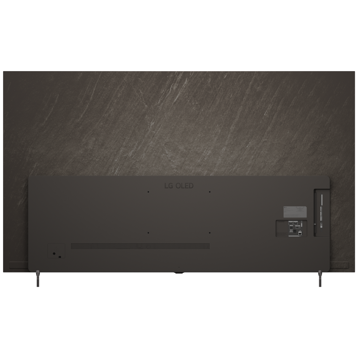 Achterkant van een donkere LG OLED TV met poorten en ventilatieopeningen.