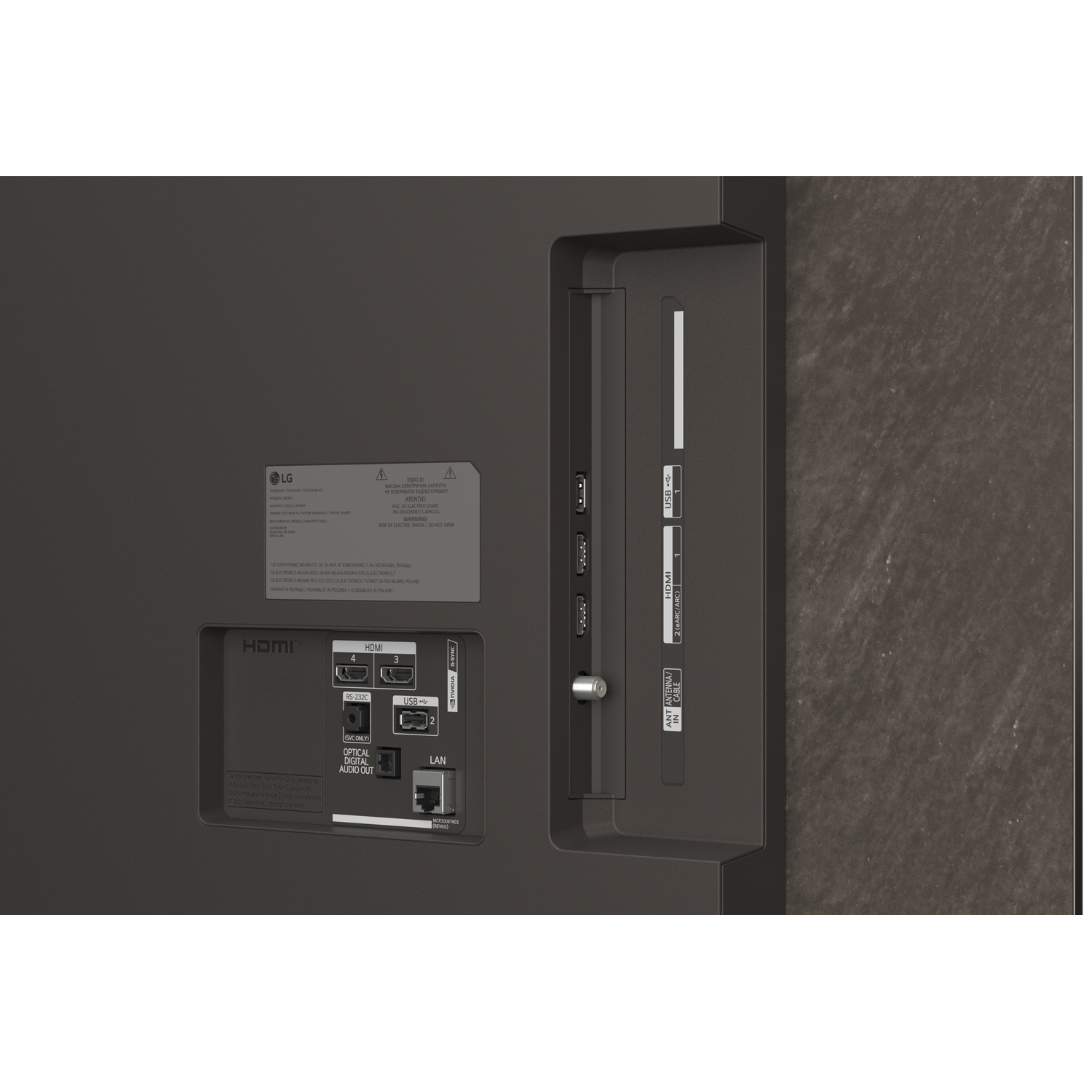 Achterkant van een tv met poorten: HDMI, USB, LAN, optische digitale audio-uitgang.