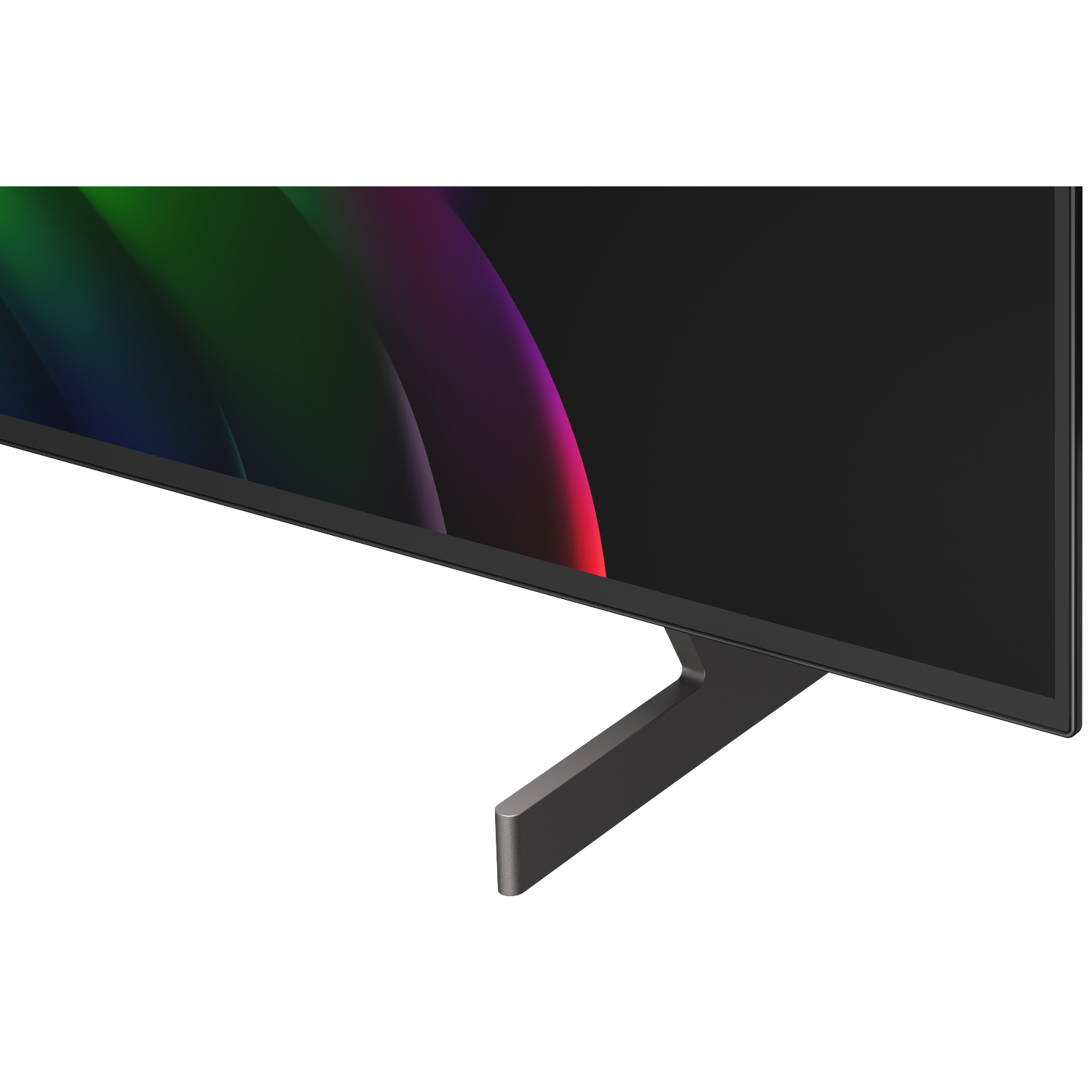 A black television with a gray stand, displaying a colorful screen.