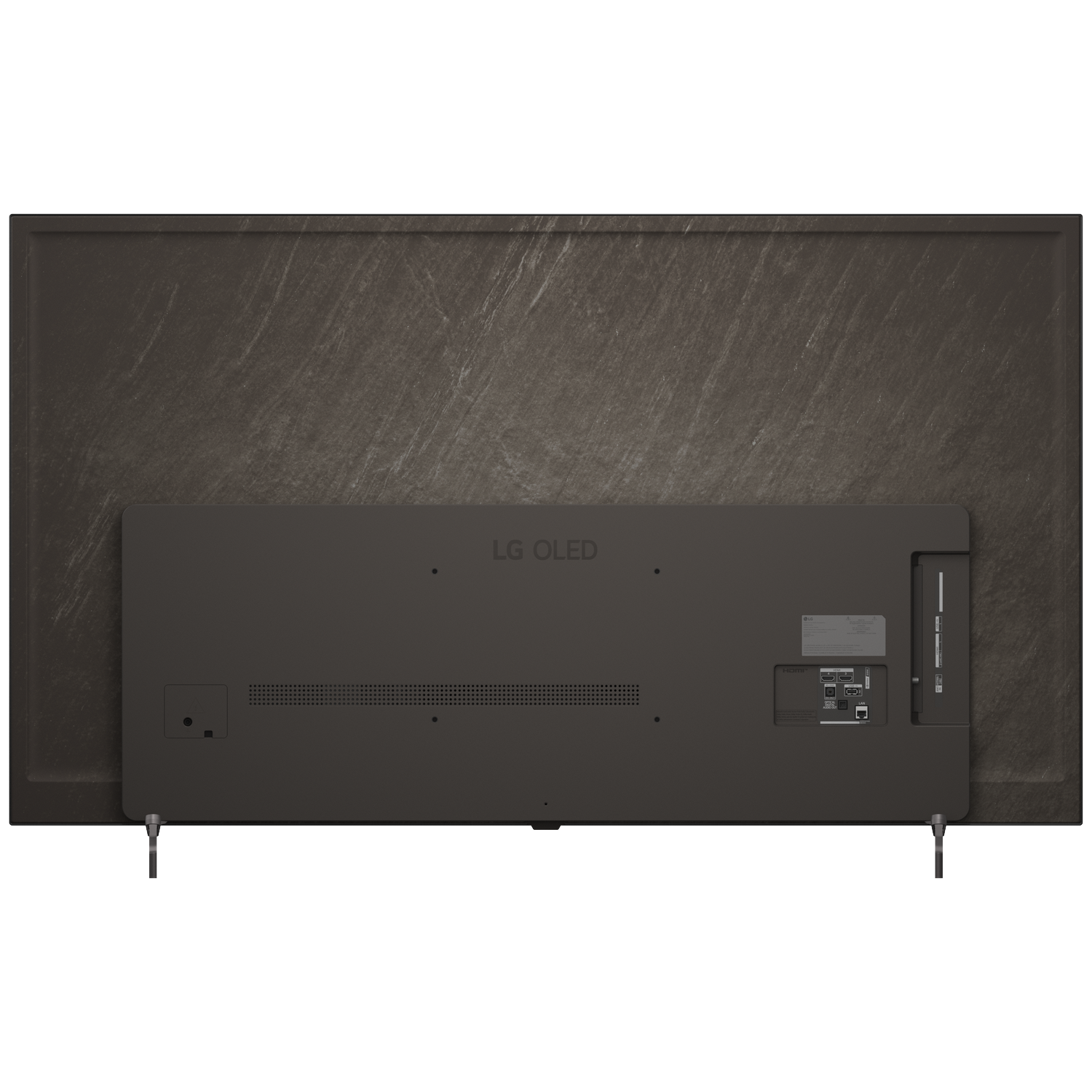 Back of an LG OLED TV showing ports and silver stand legs.