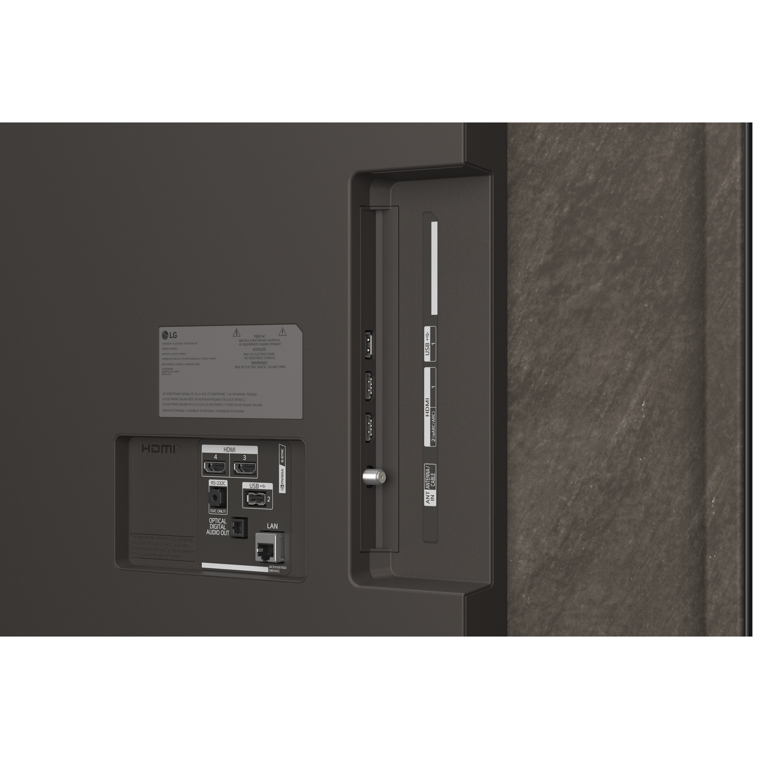 Rear view of a TV showing ports: HDMI, USB, LAN, Optical Digital Audio Out.