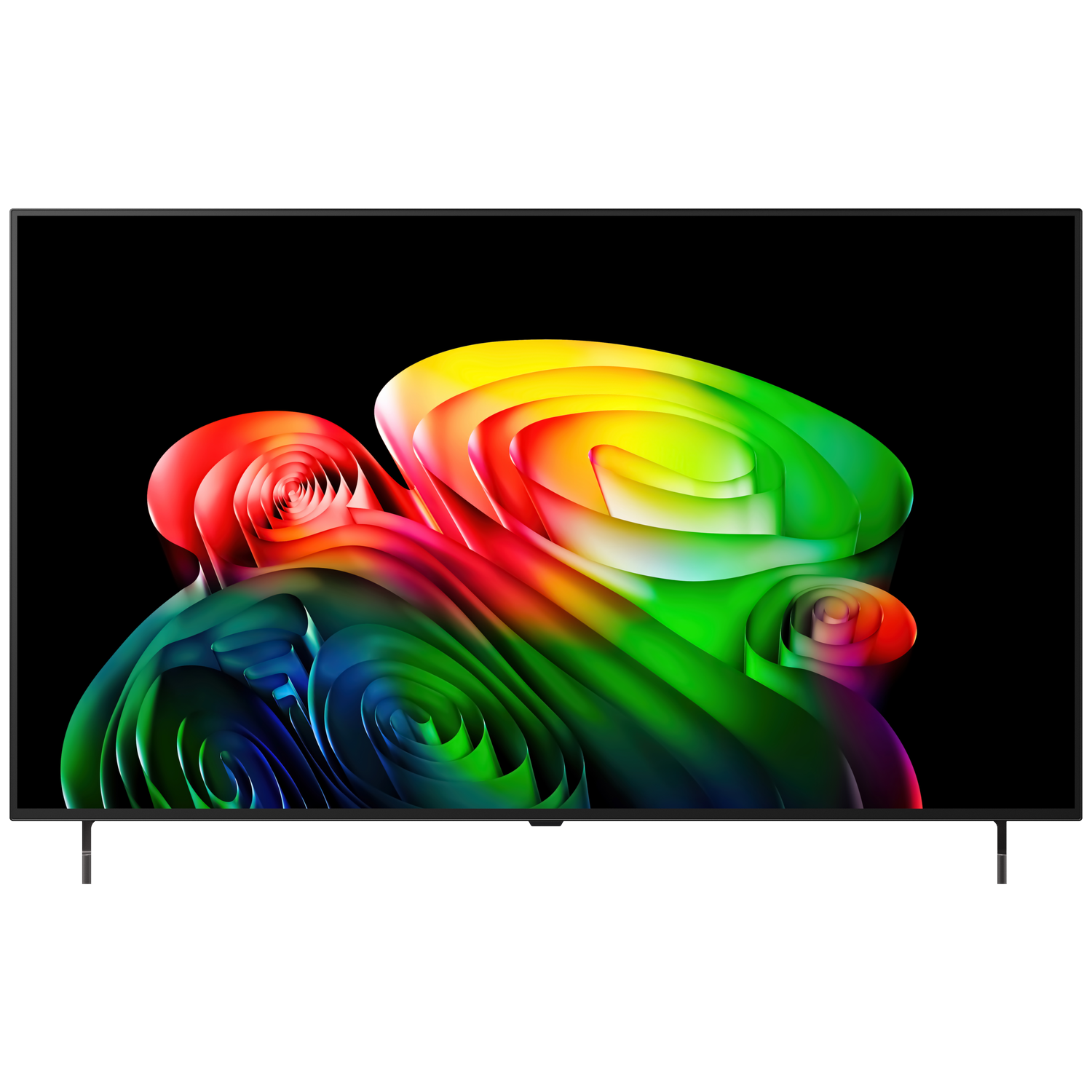 A modern television displays a vibrant, abstract pattern in red, yellow, green, and blue on a black background.