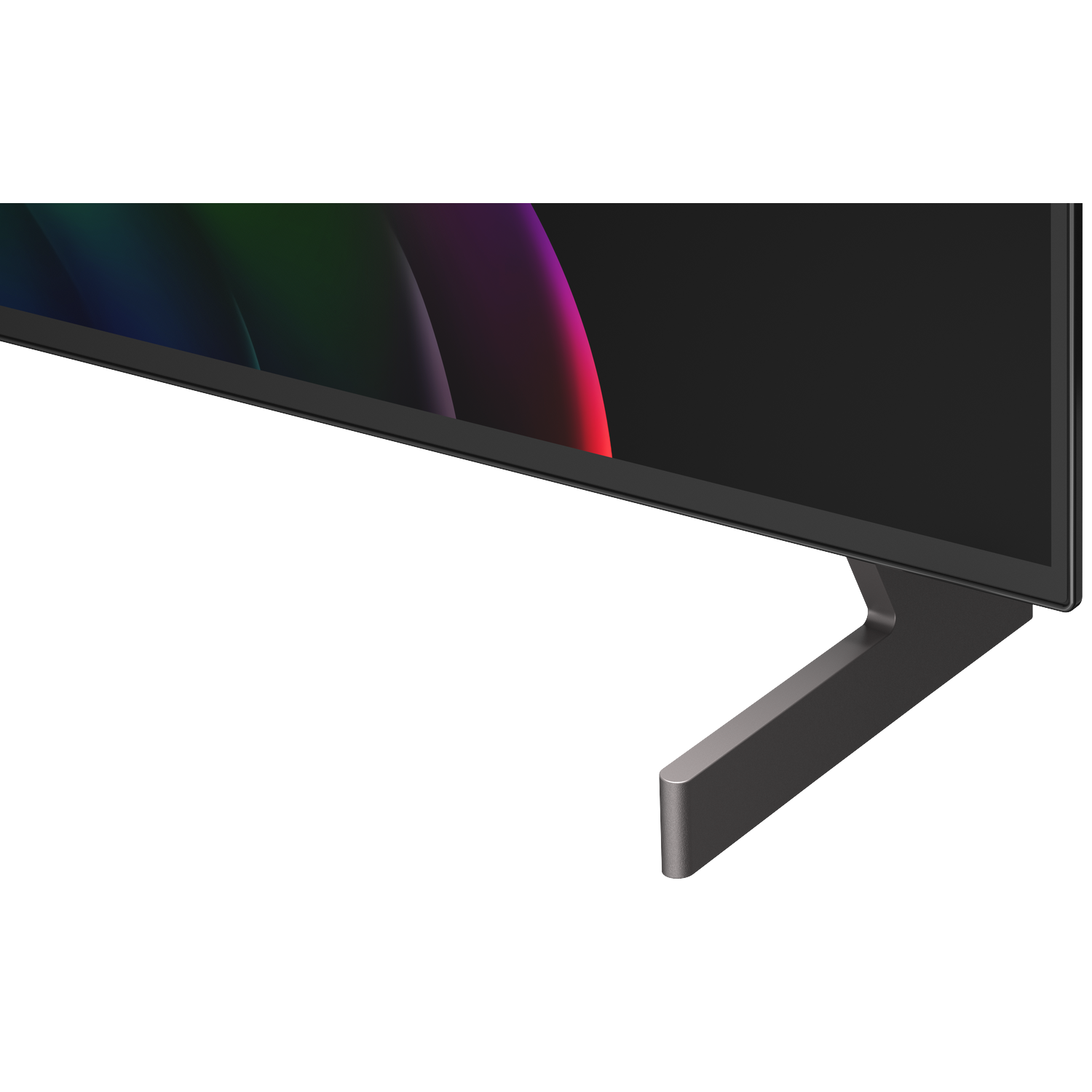Close-up of a modern TV screen with a stylish stand and colorful gradients on the display.