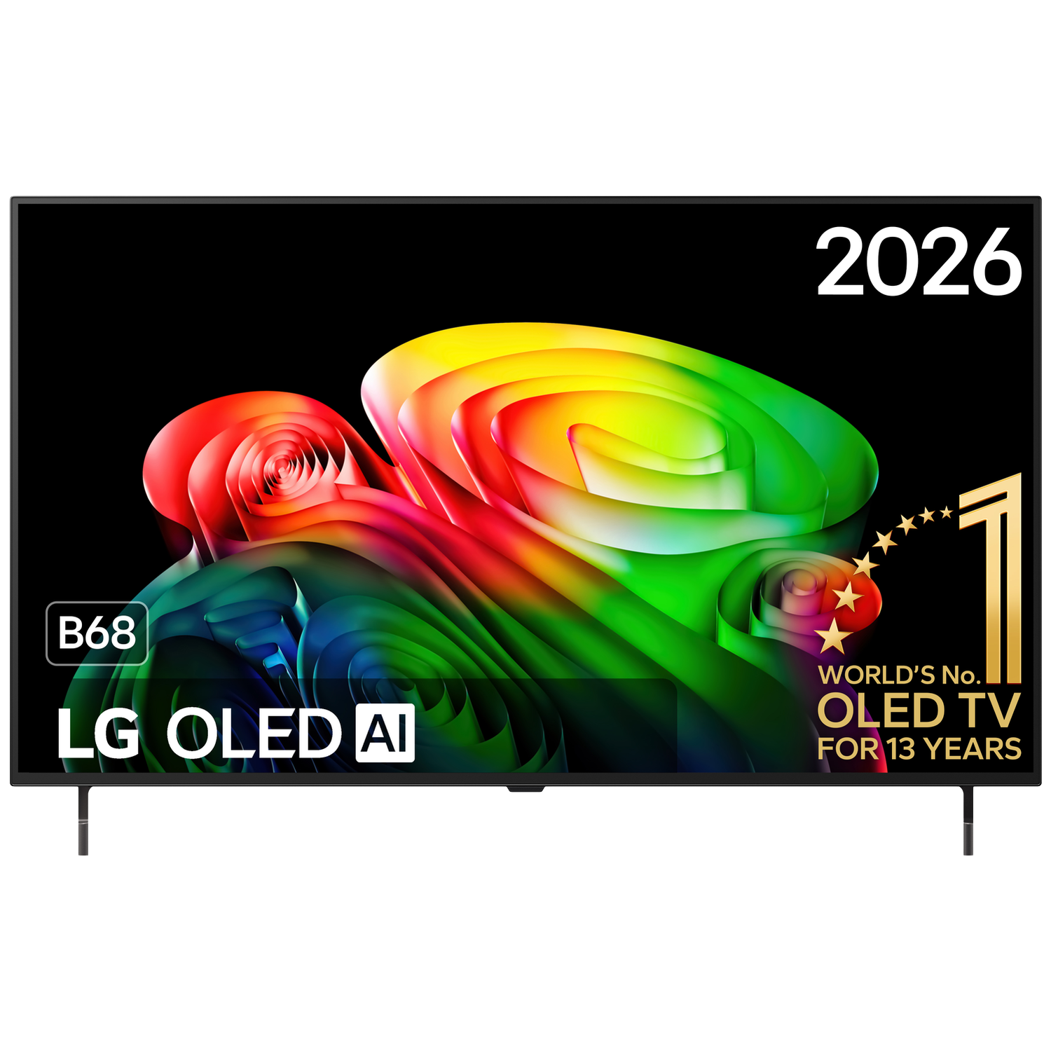 LG OLED TV B68 met levendige abstracte kunst en "Wereld Nr. 1" award.