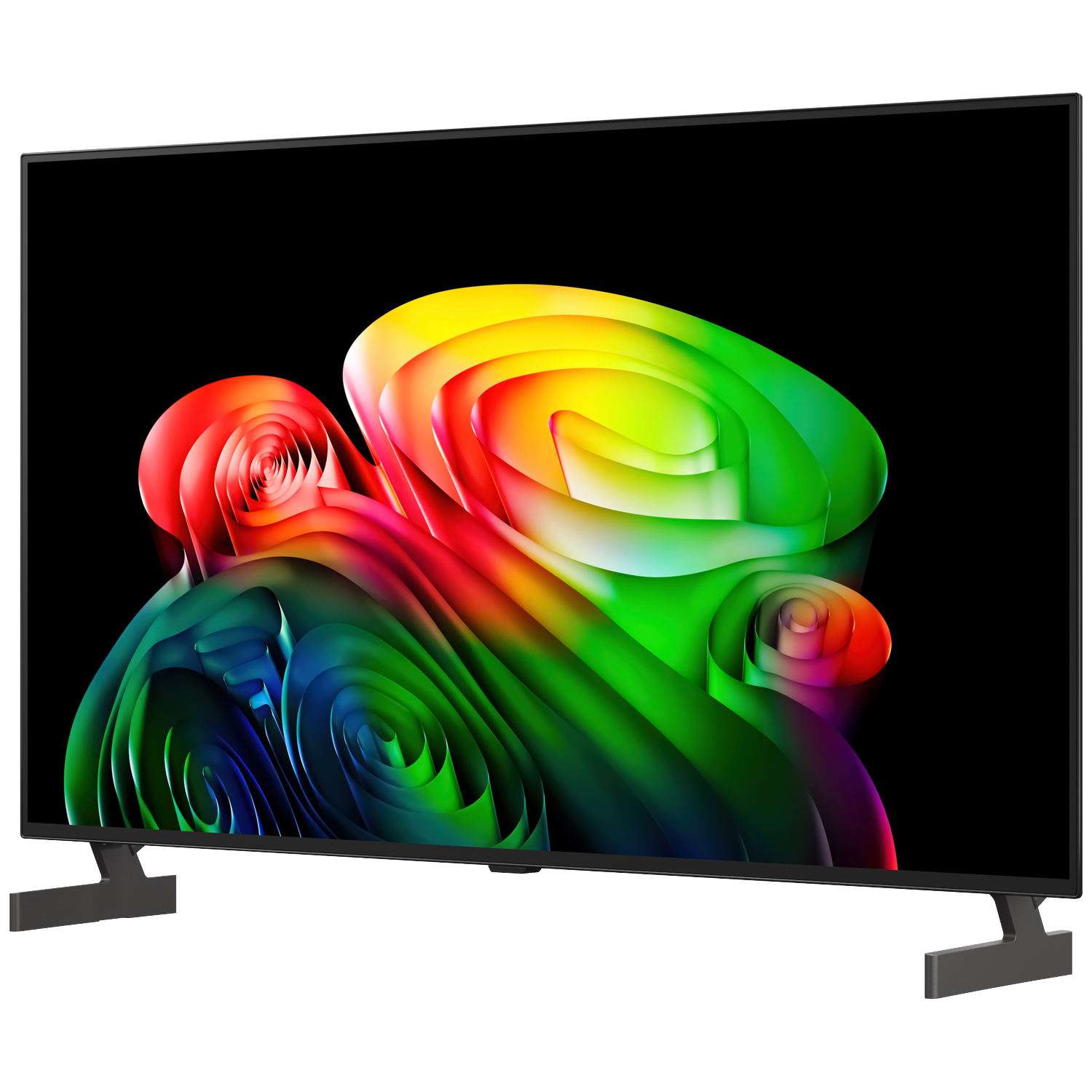 Een moderne televisie met een abstracte, kleurrijke afbeelding op het scherm.