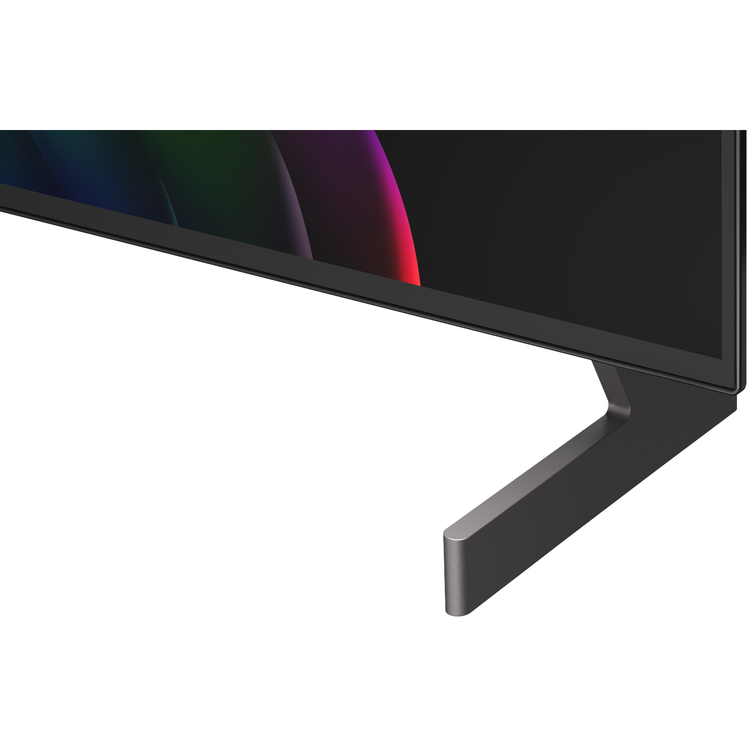 Een modern tv-scherm met een strakke grijze standaard en kleurrijke abstracte graphics.