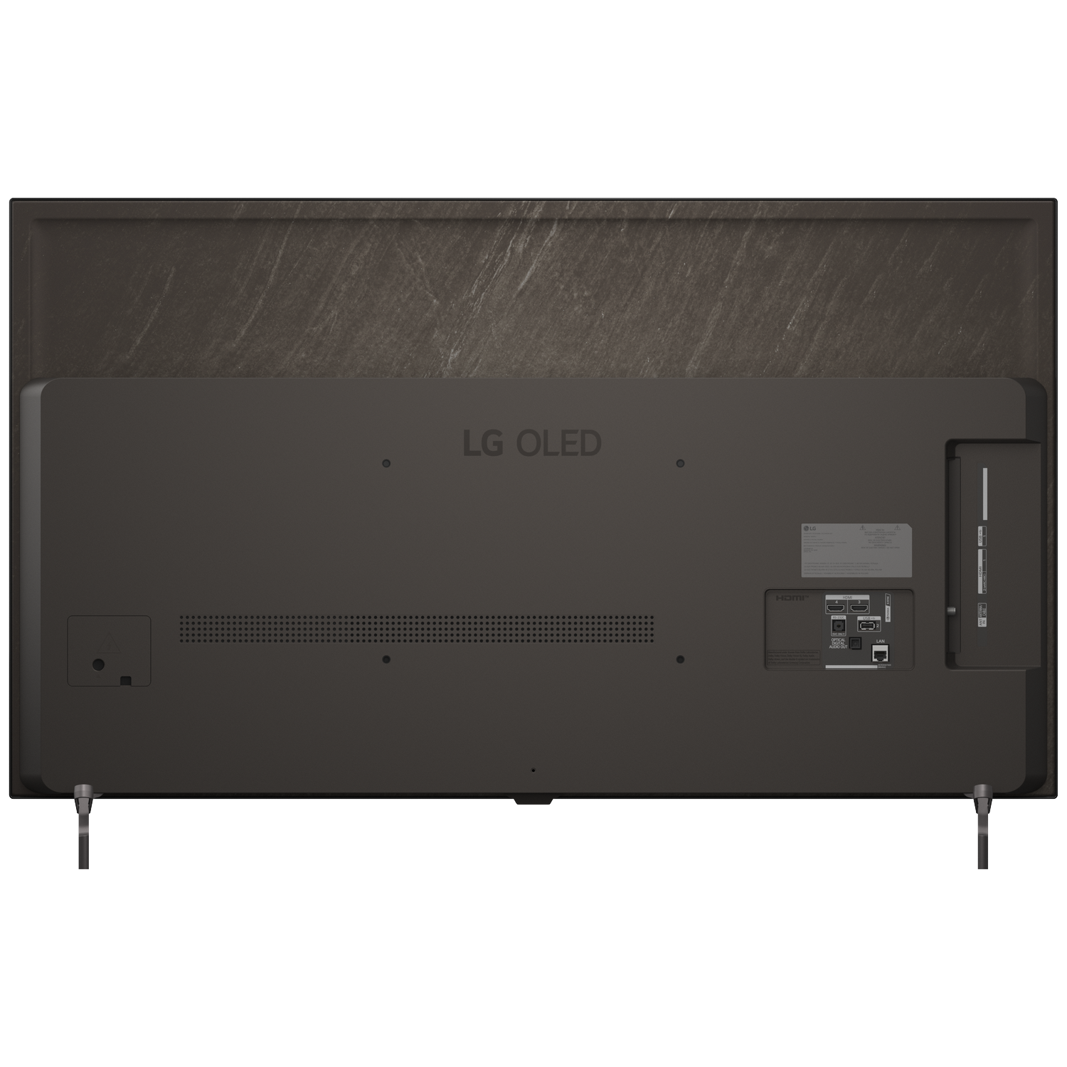 Achterkant van een donkere LG OLED TV met poorten, ventilatieopeningen en getextureerd paneel.