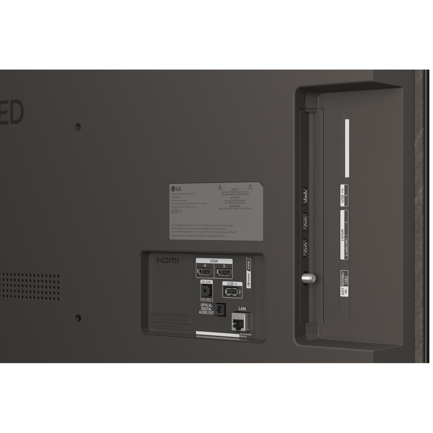 Achterkant van een tv met poorten: HDMI, USB, LAN en antenne.