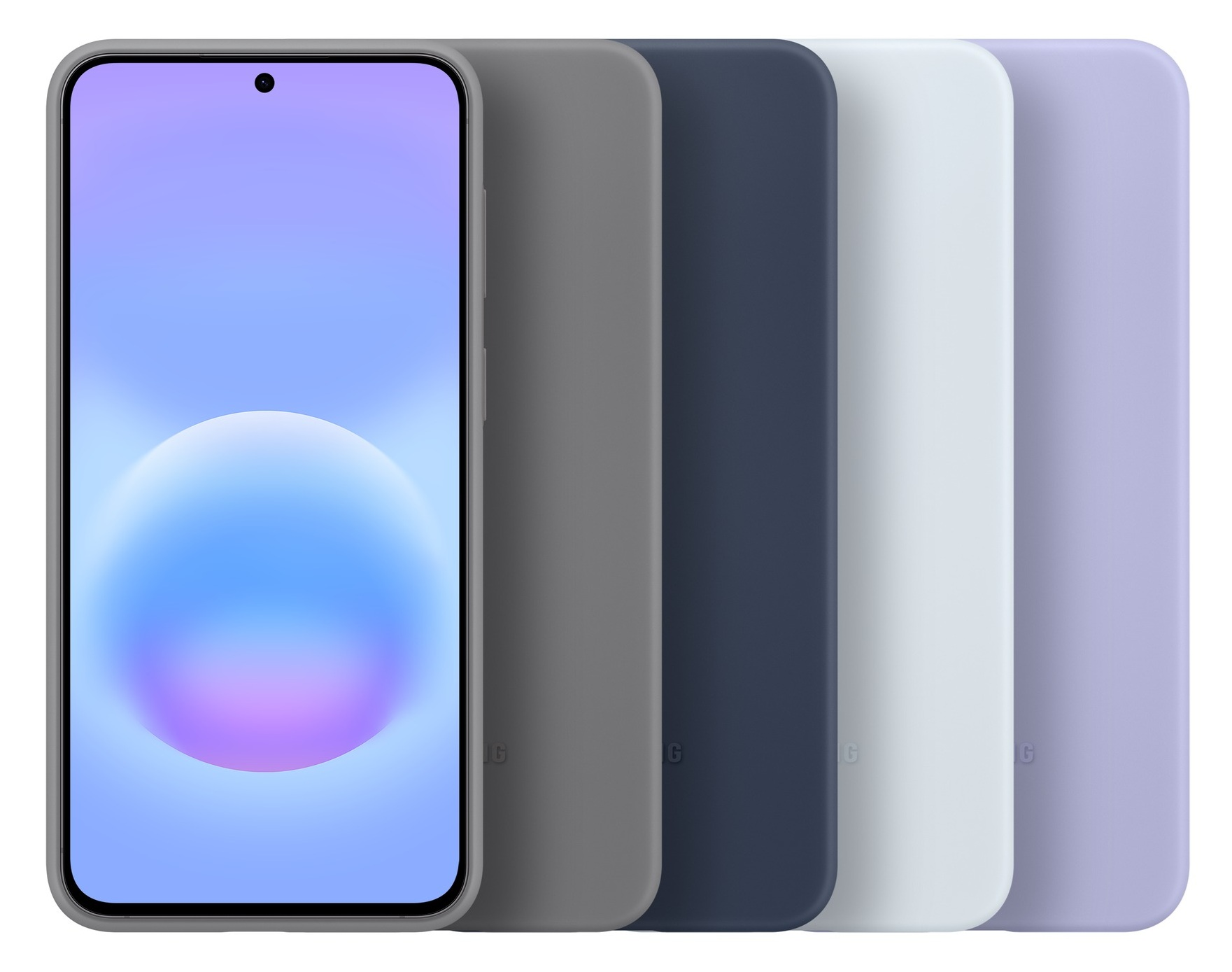 Smartfon z niebieskim tłem, obok cztery etui na telefon w kolorze szarym, granatowym, jasnoszarym i fioletowym.