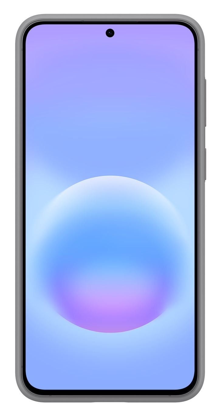 Szary smartfon z gradientem od niebieskiego do fioletowego i kulą na ekranie.