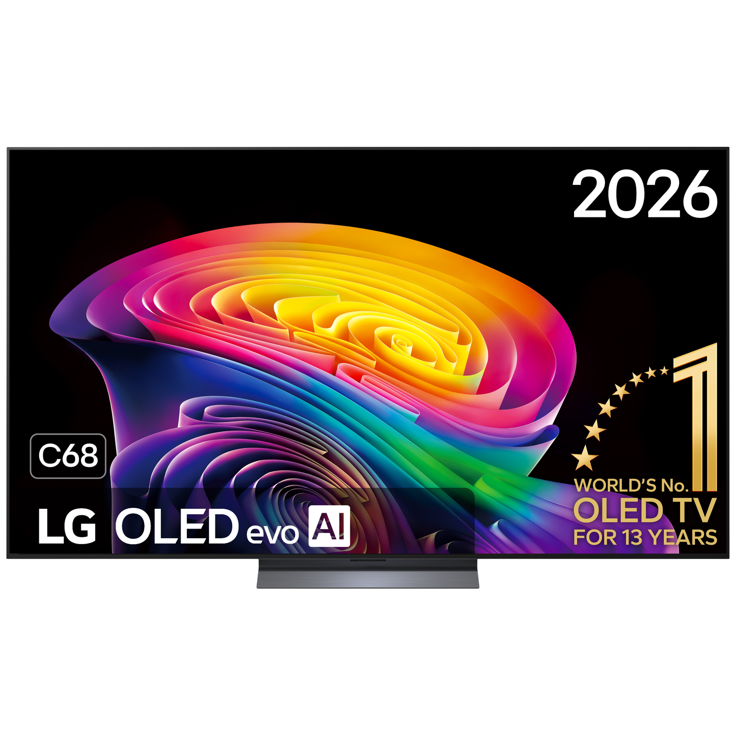 LG OLED evo AI C68 TV met kleurrijke schermanimatie en "2026"-logo.