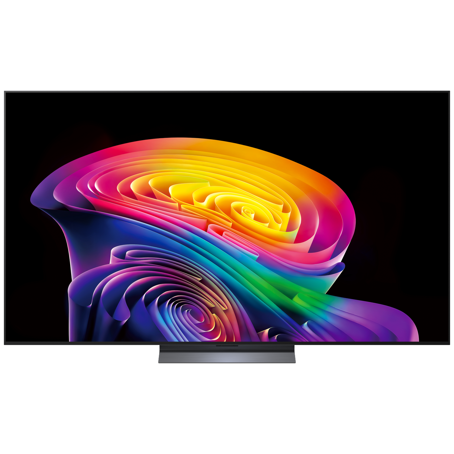 Een moderne tv toont een abstract, wervelend regenboogpatroon op een zwarte achtergrond.