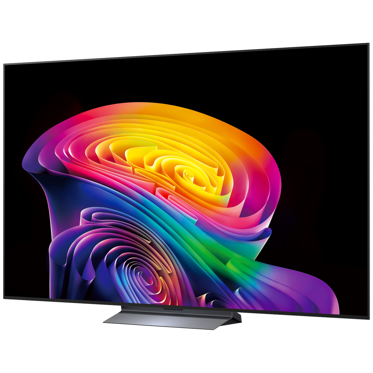 Een moderne flatscreen-tv met een abstract, kleurrijk wervelend patroon op het scherm.
