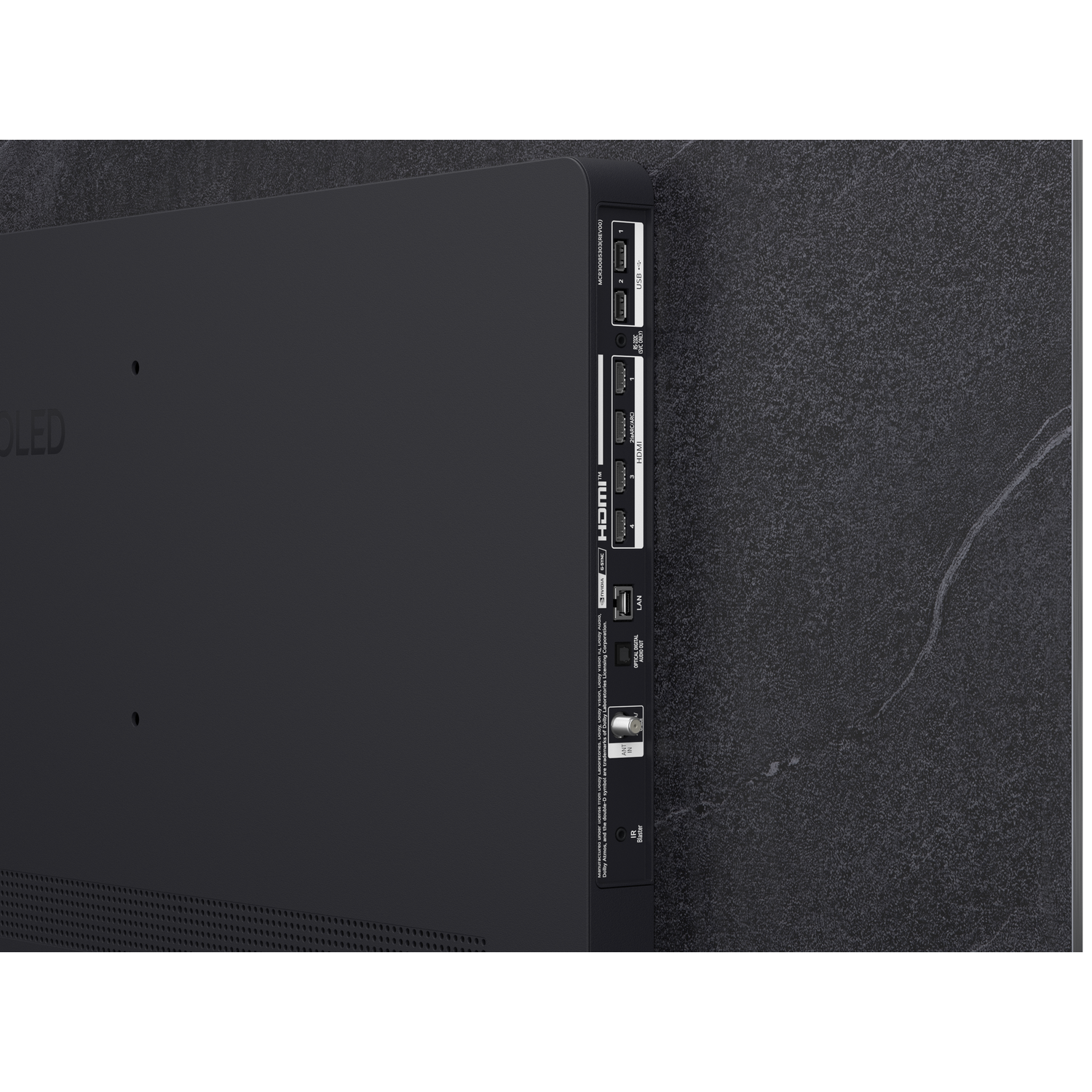 Achterkant van een zwarte tv met poorten: HDMI, USB, LAN, Antenne.