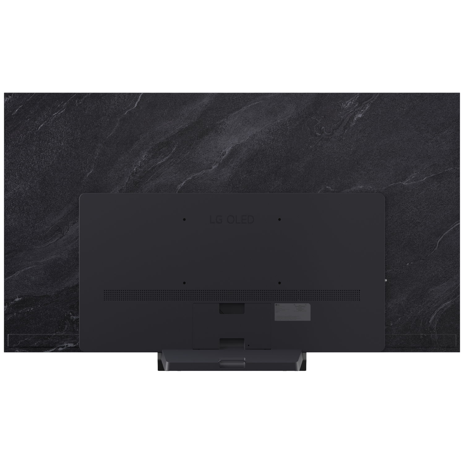 Back of a black LG OLED TV on a dark stone pattern background.