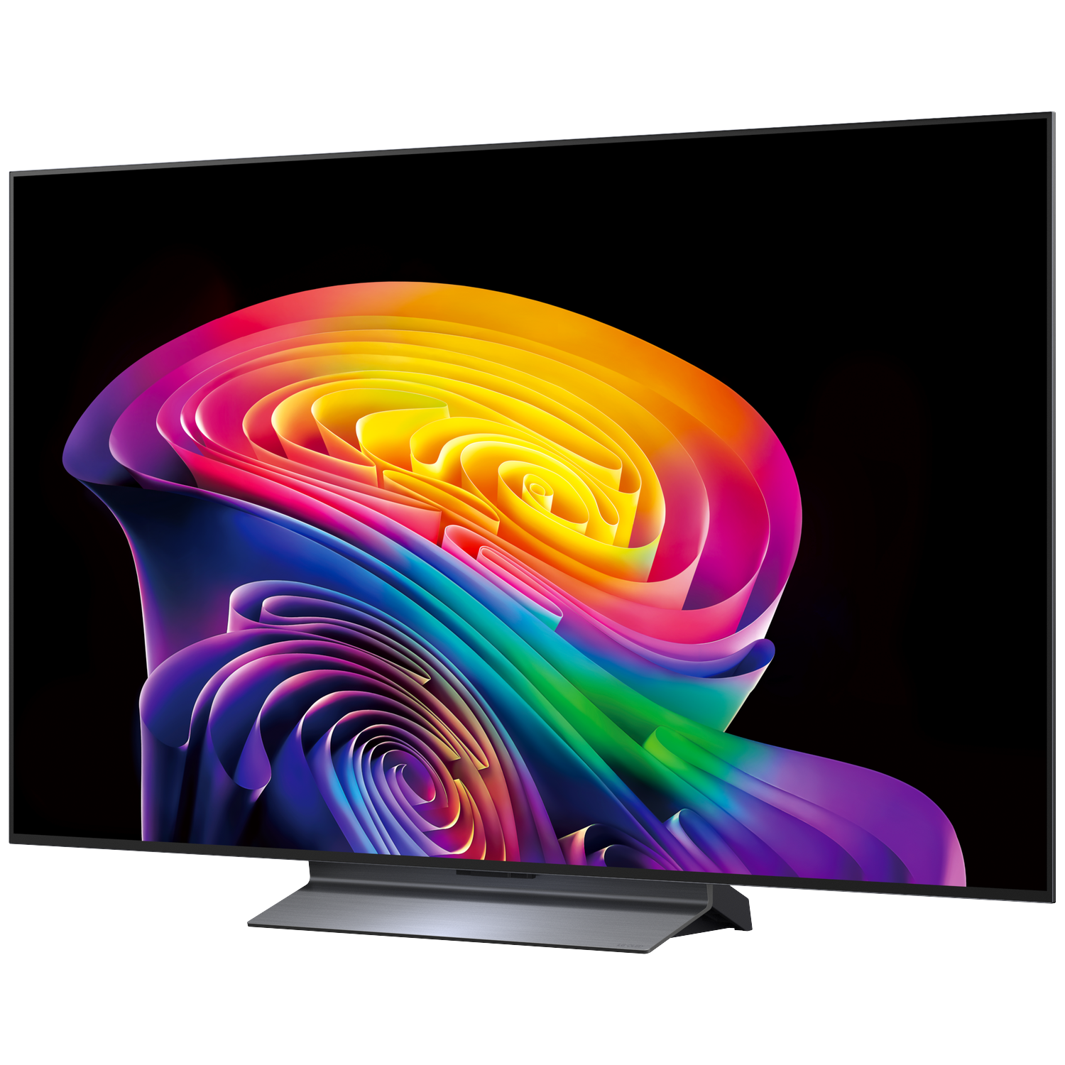 A modern television displaying a colorful, abstract image on its screen.