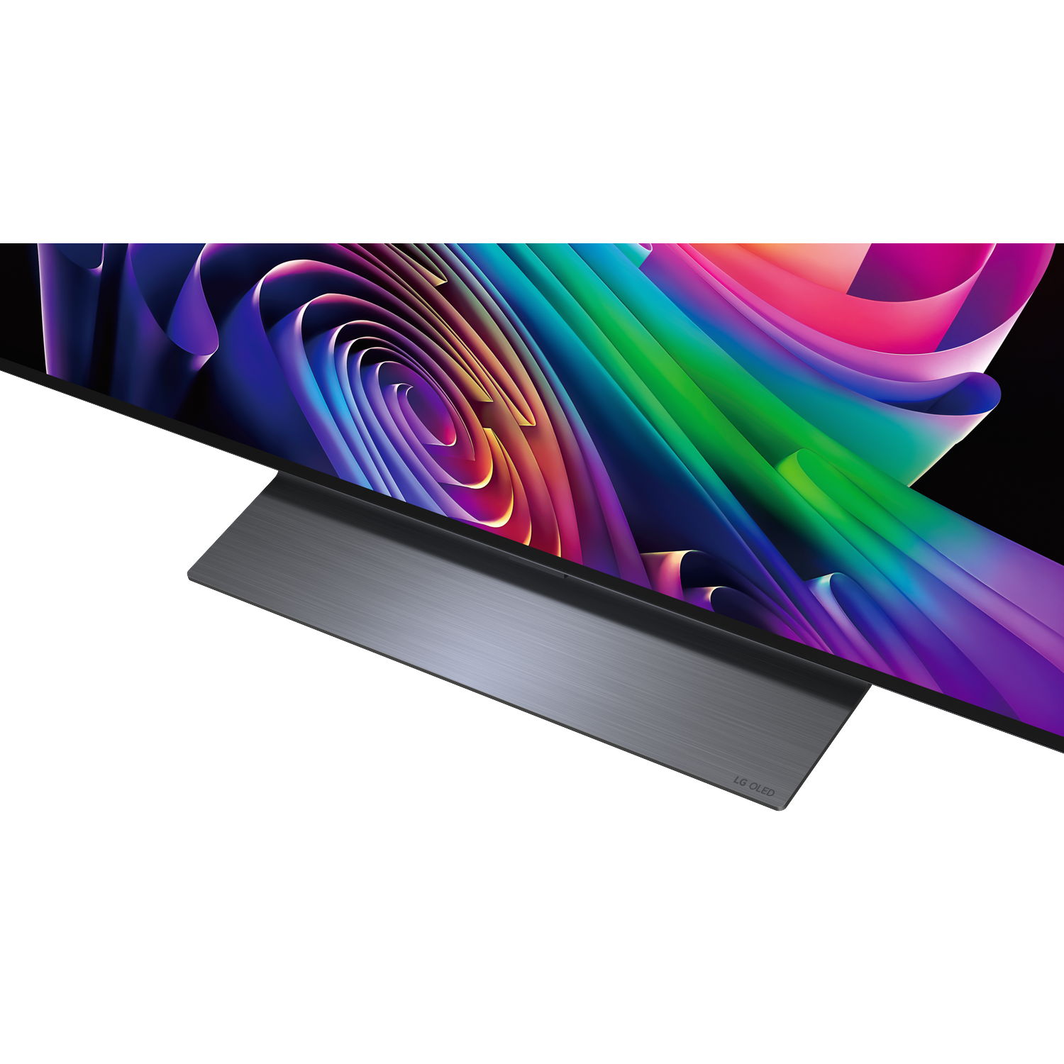 A modern LG OLED TV with an abstract, colorful background displayed.