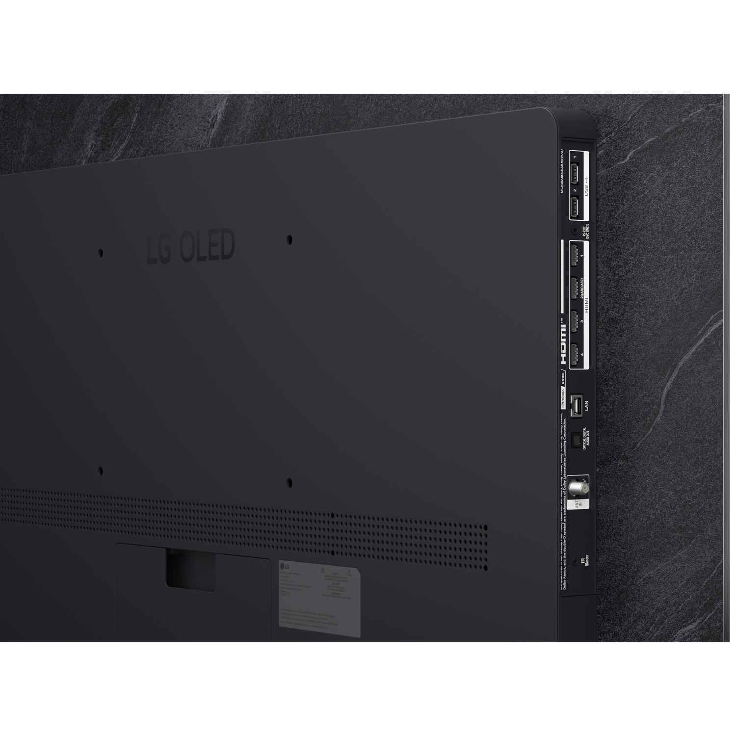 Back of a black LG OLED TV showing ports like HDMI, USB, and LAN.