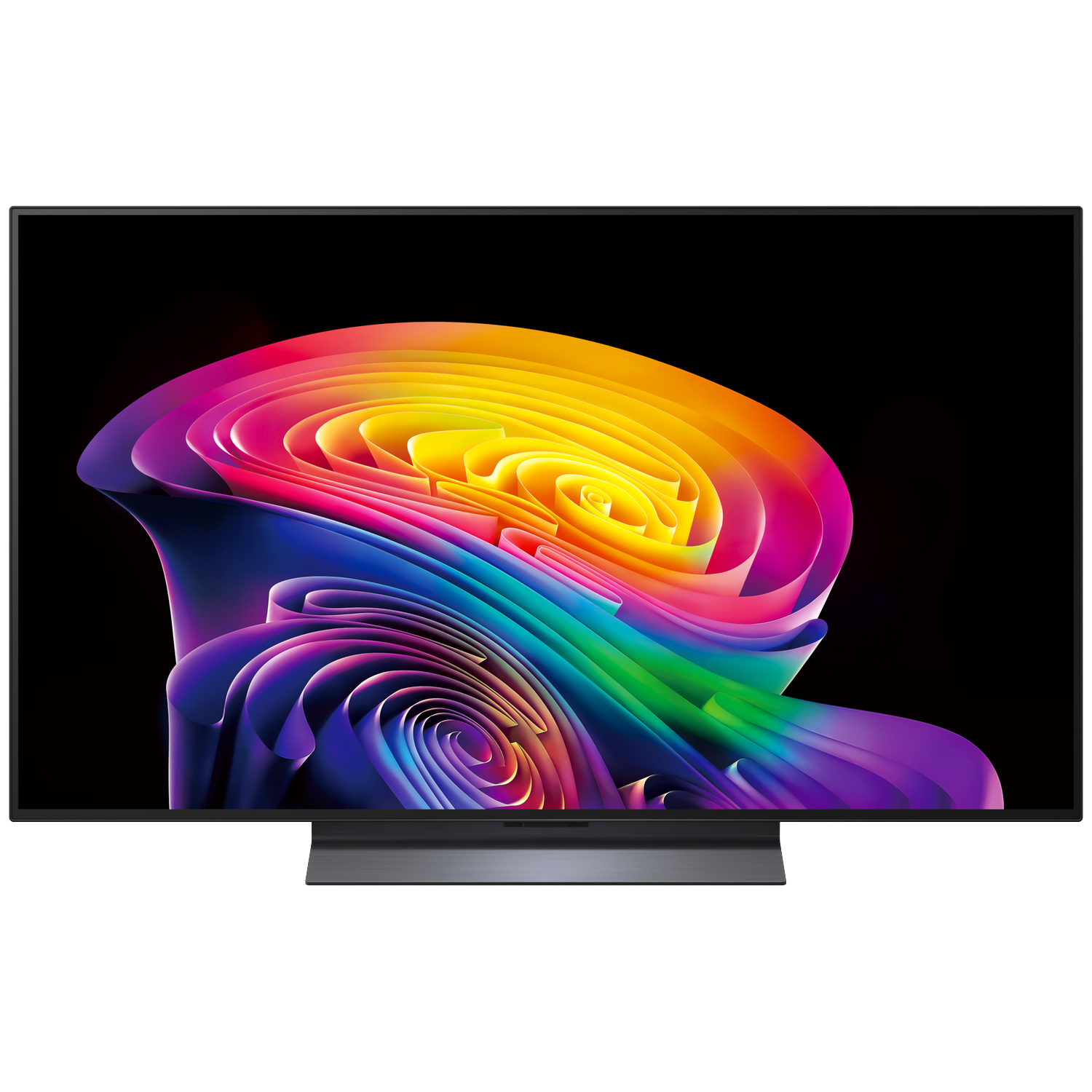 A modern TV displays a vibrant, swirling abstract art piece with rainbow colors.