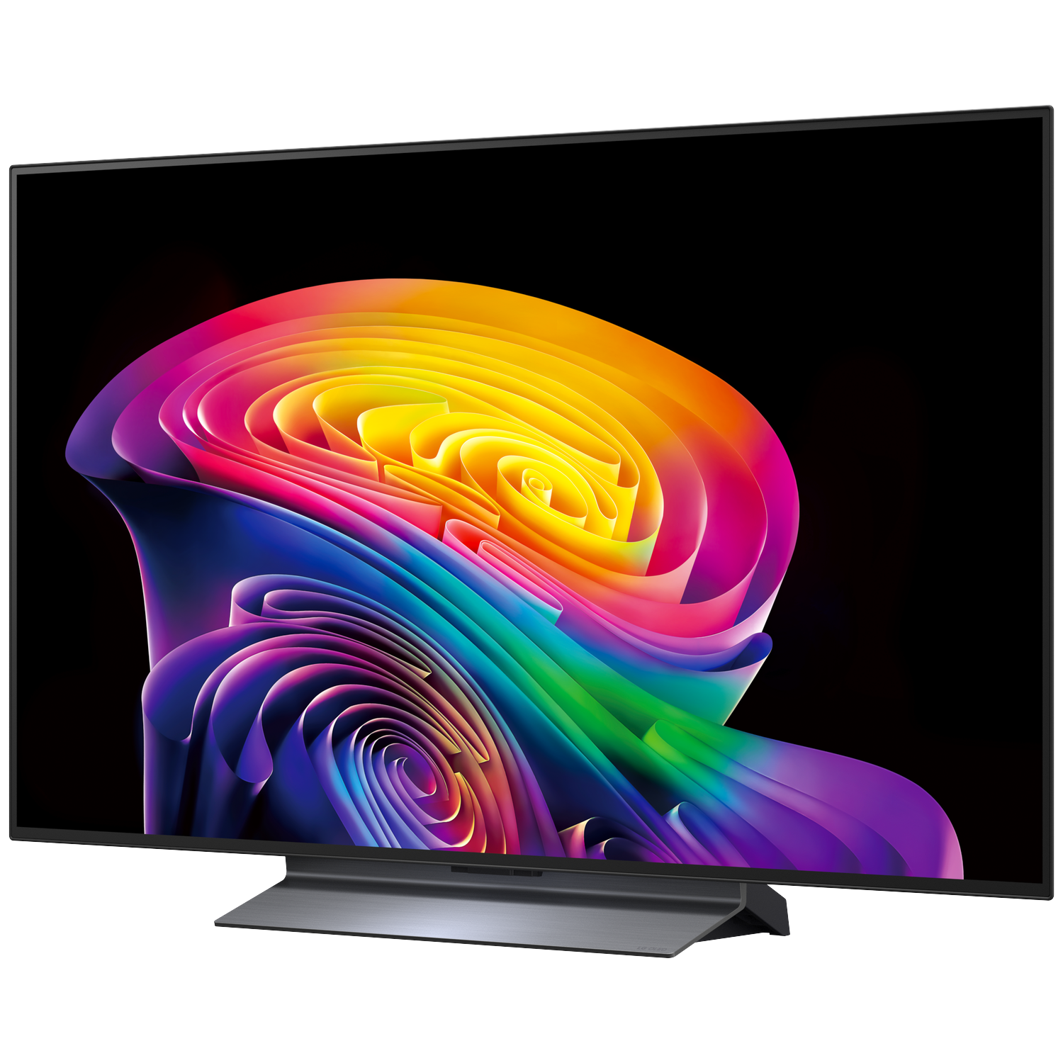 A modern TV displays a colorful abstract image on a black background.