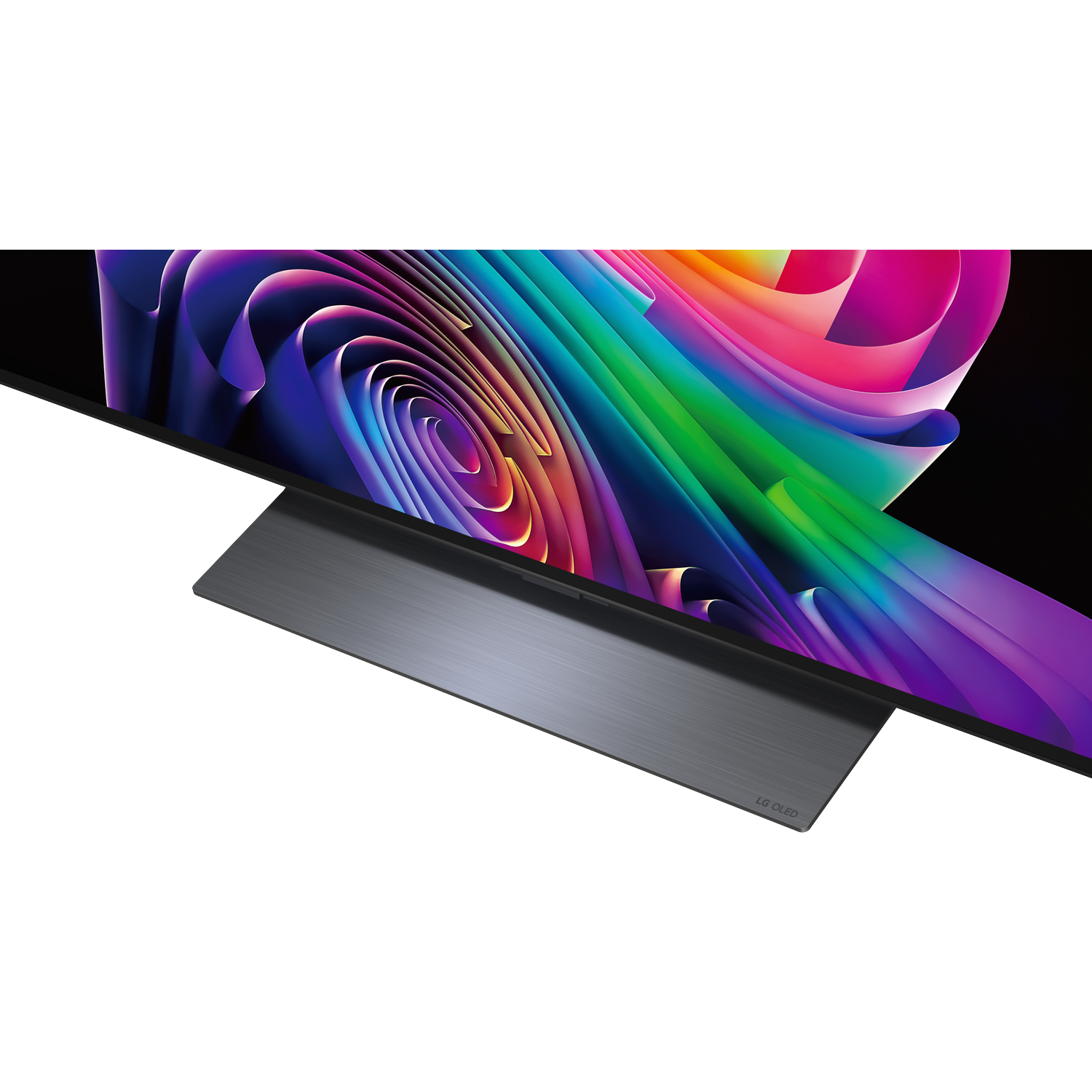 A modern LG OLED TV displaying a vibrant, swirling pattern on screen with a gray stand.