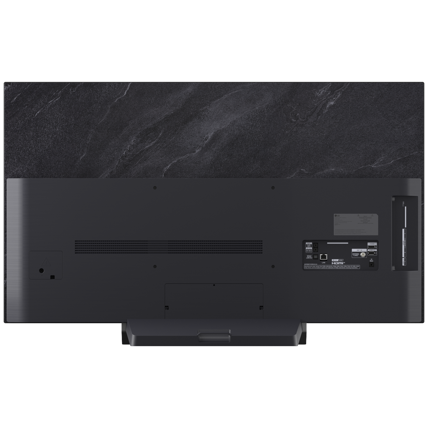 Back of a sleek TV with dark marble back panel and ports.