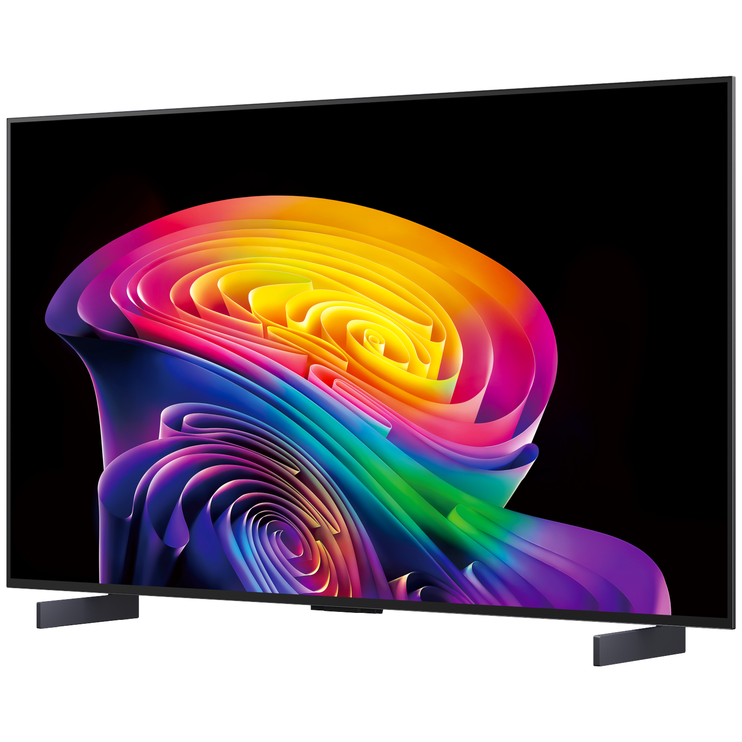 A modern TV displays an abstract, swirling rainbow-colored pattern on a black background.