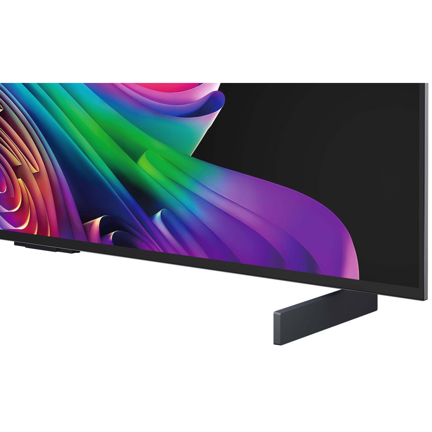 A modern TV displaying a colorful abstract screen with a dark stand.