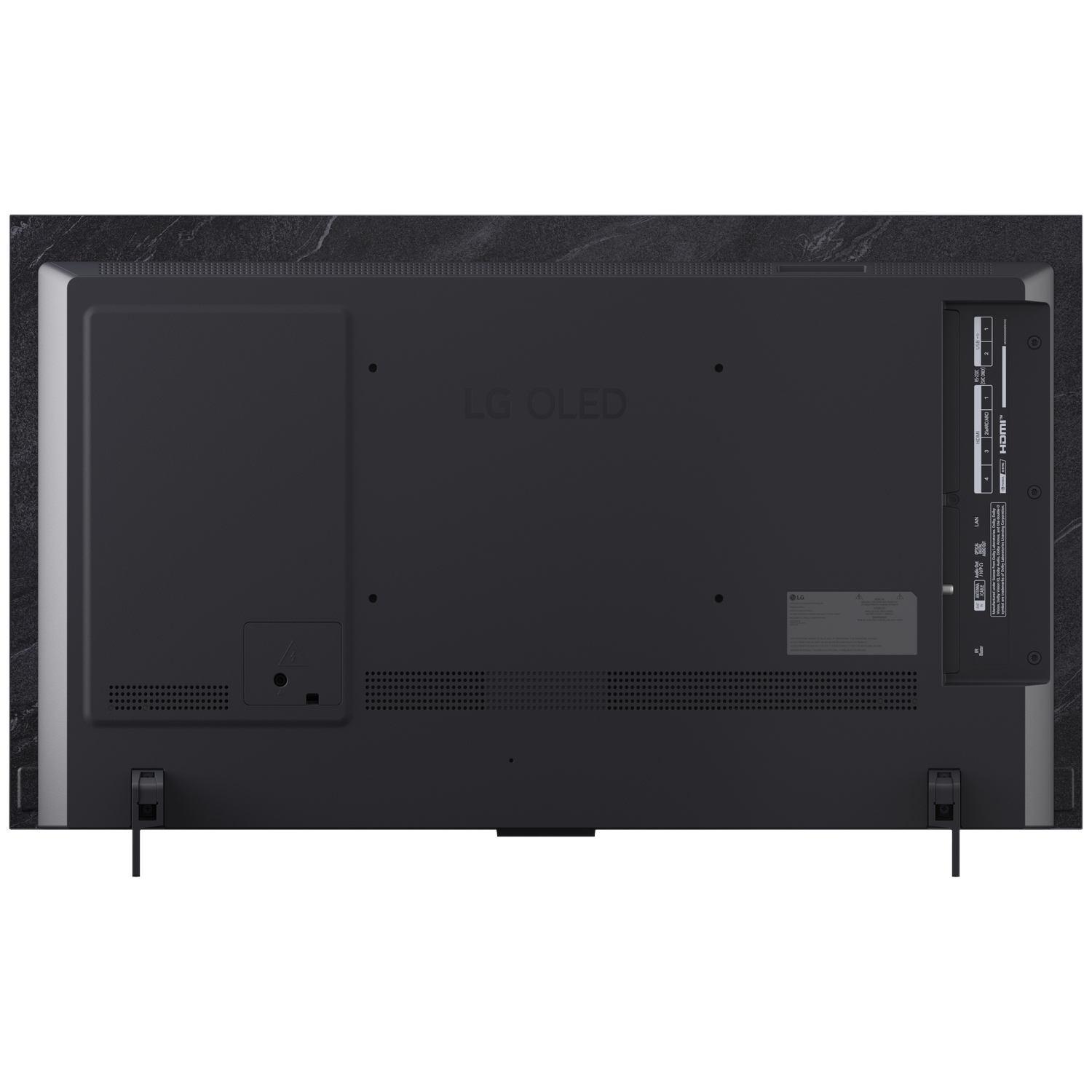 Back view of a black LG OLED TV showing ports and LG logo.