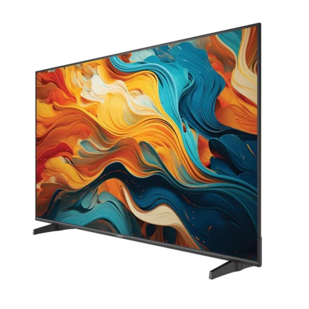 Un televisor moderno de pantalla plana muestra una imagen abstracta y vibrante con colores arremolinados de naranja, amarillo y azul.