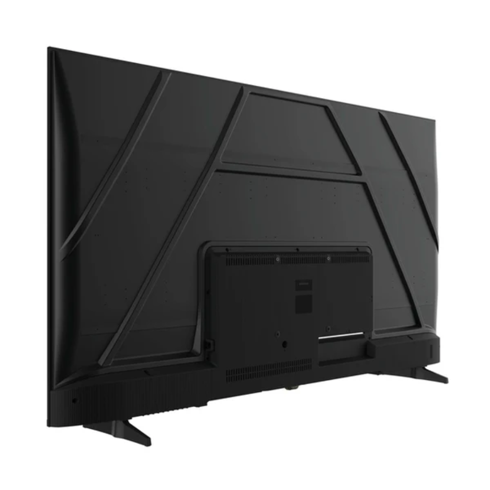 Reverso de un televisor negro con patas y puertos.