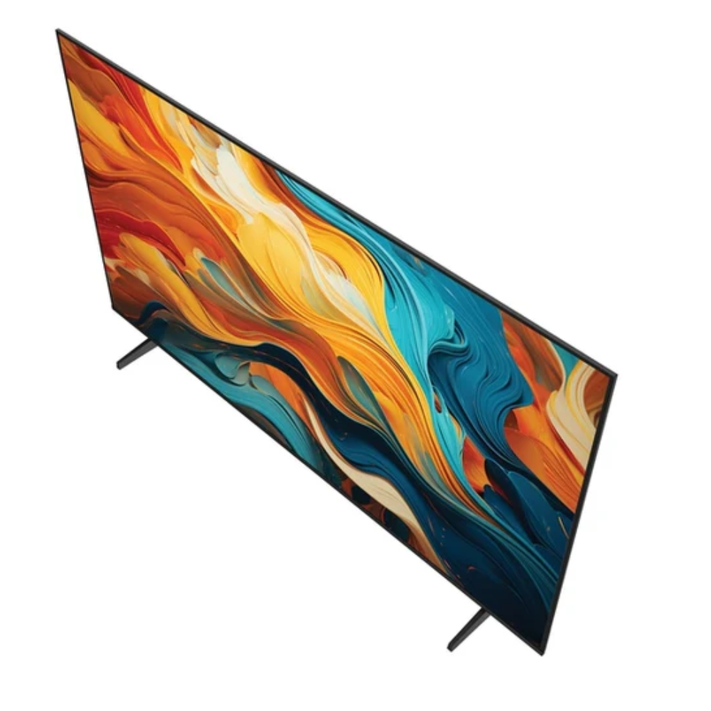 Un televisor moderno que muestra una imagen abstracta y colorida en su pantalla.